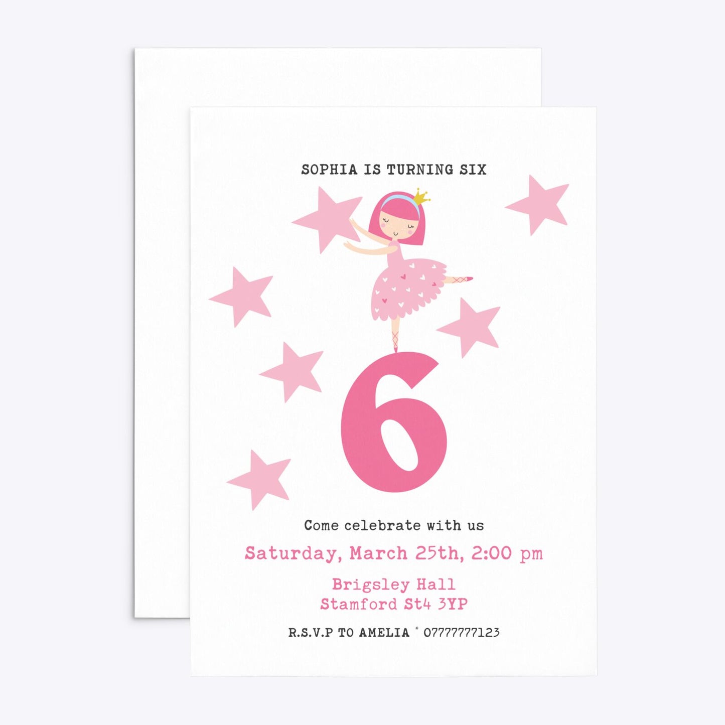 Pink Princess Personalised Birthday Rectangle Invitation Matte Paper Front and Back Image