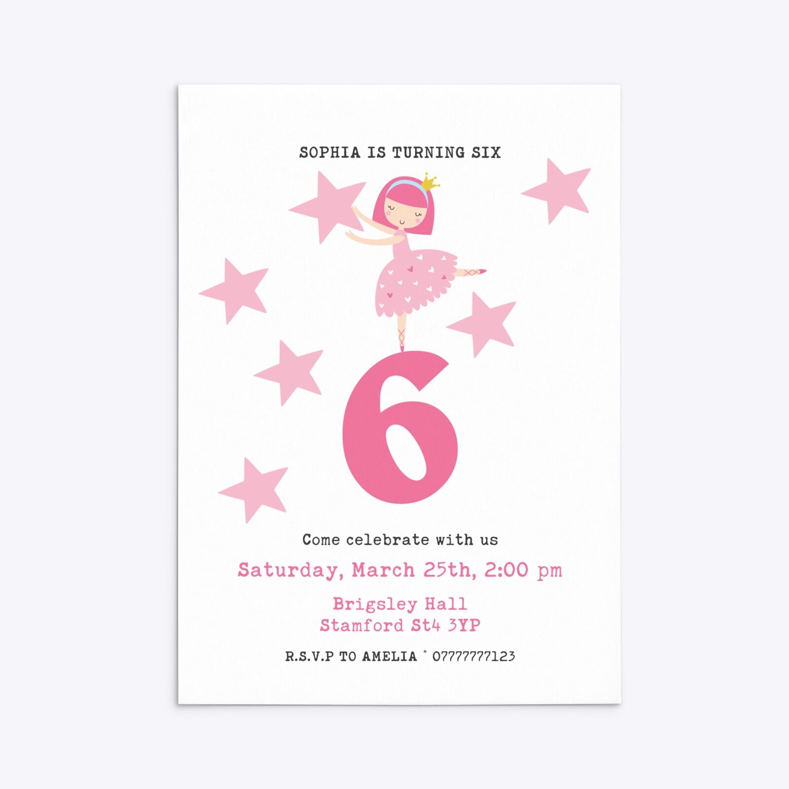 Pink Princess Personalised Birthday Rectangle Invitation Matte Paper