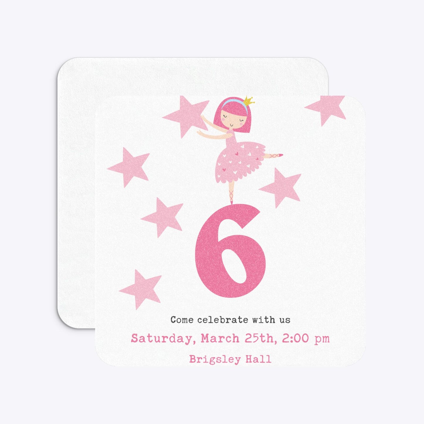 Pink Princess Personalised Birthday Rounded 5 25x5 25 Invitation Glitter Front and Back Image