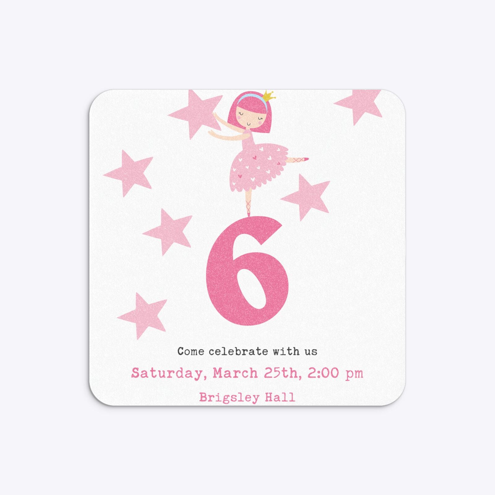 Pink Princess Personalised Birthday Rounded 5 25x5 25 Invitation Glitter