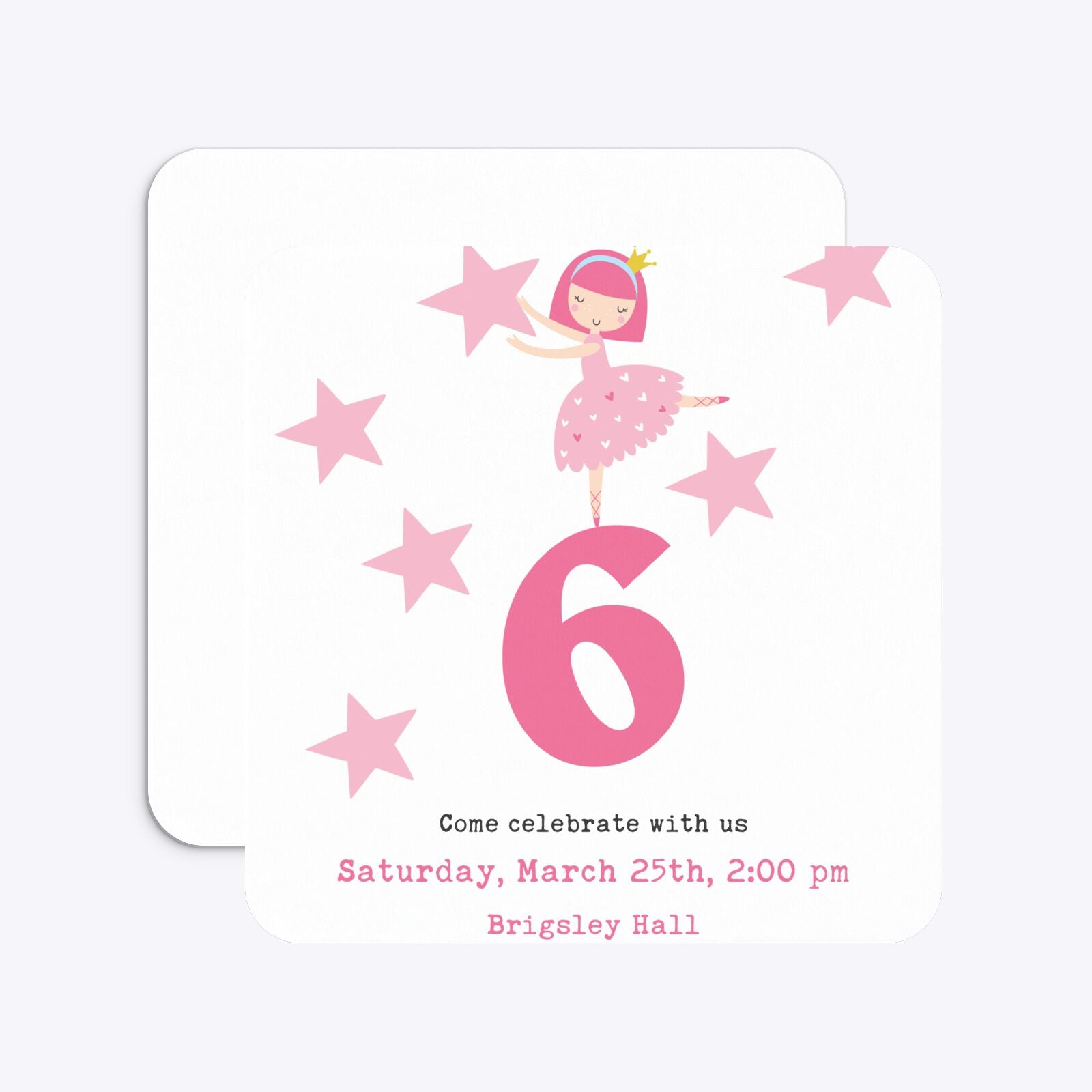 Pink Princess Personalised Birthday Rounded 5 25x5 25 Invitation Matte Paper Front and Back Image