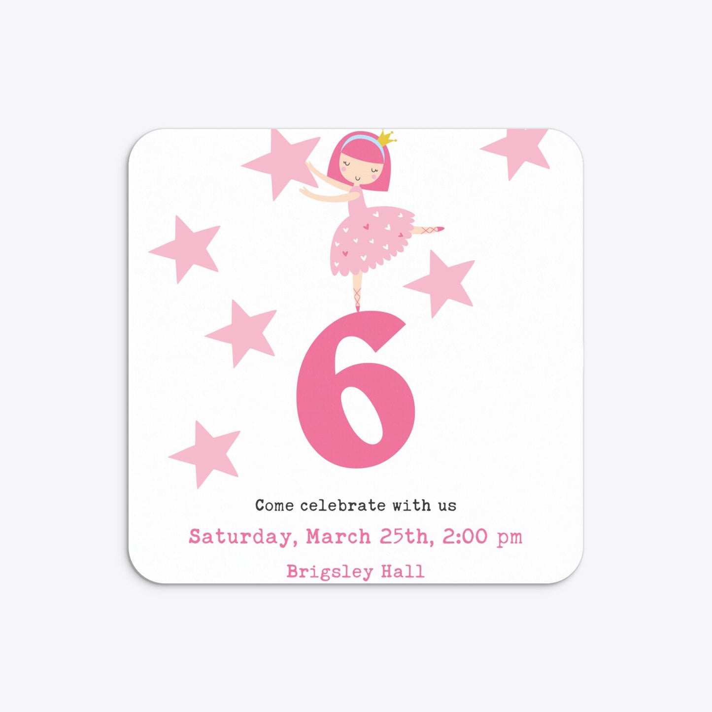 Pink Princess Personalised Birthday Rounded 5 25x5 25 Invitation Matte Paper