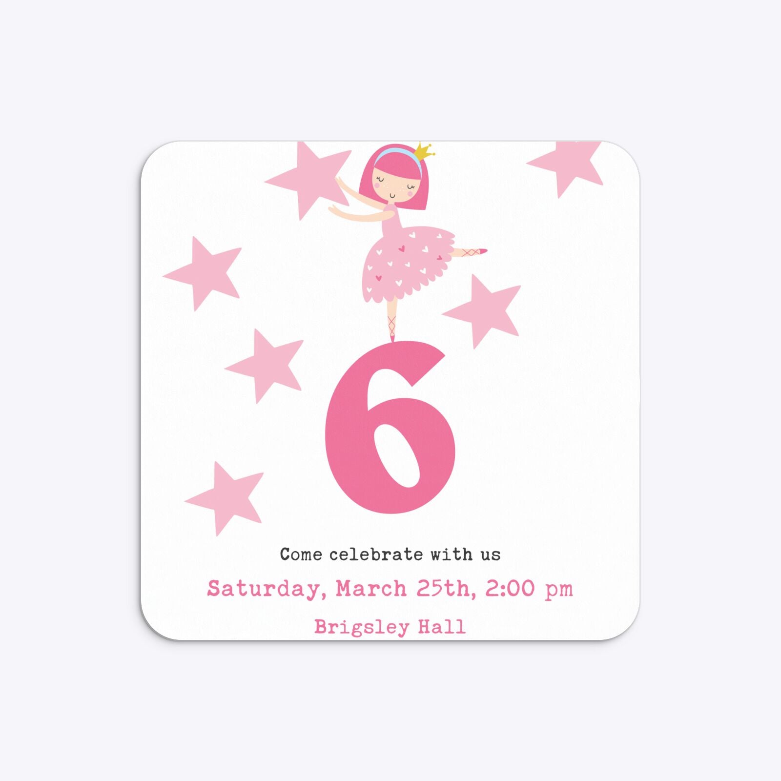 Pink Princess Personalised Birthday Rounded 5 25x5 25 Invitation Matte Paper