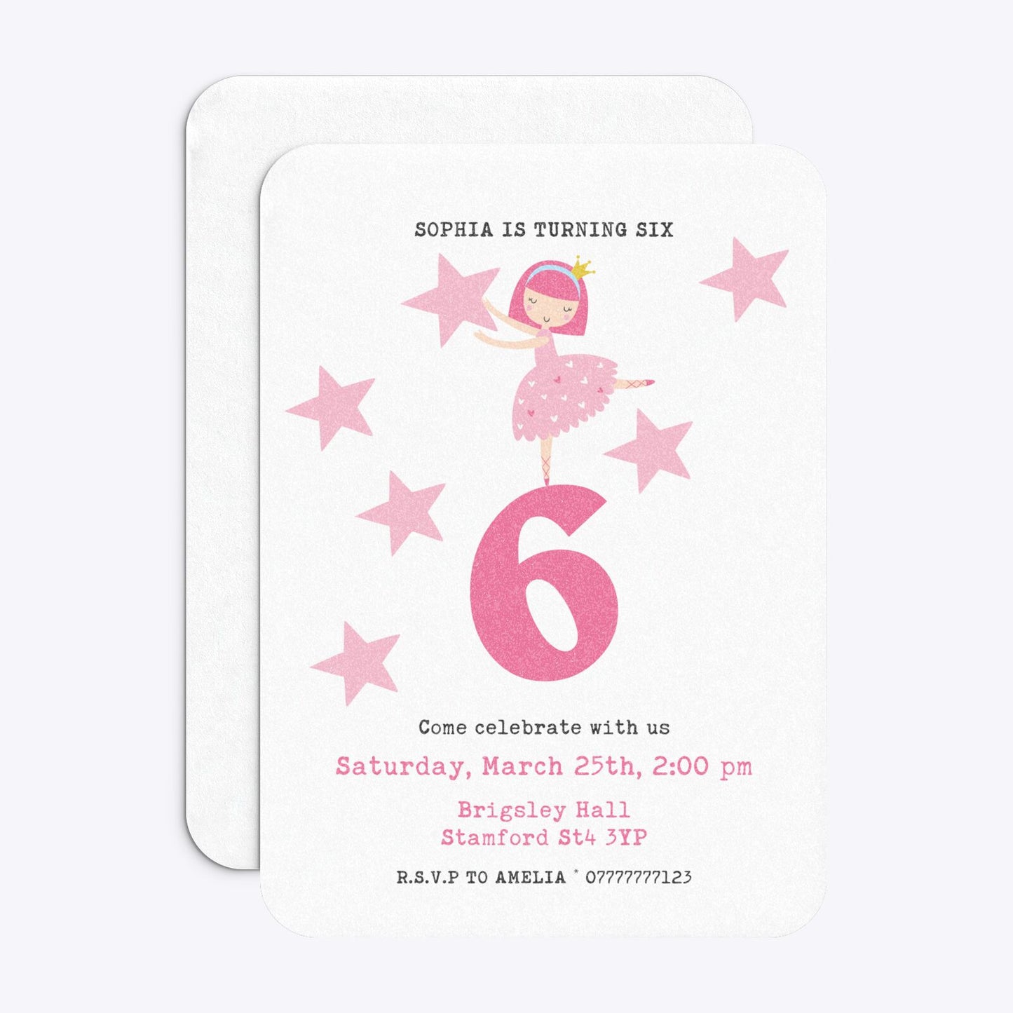 Pink Princess Personalised Birthday Rounded Invitation Glitter Front and Back Image