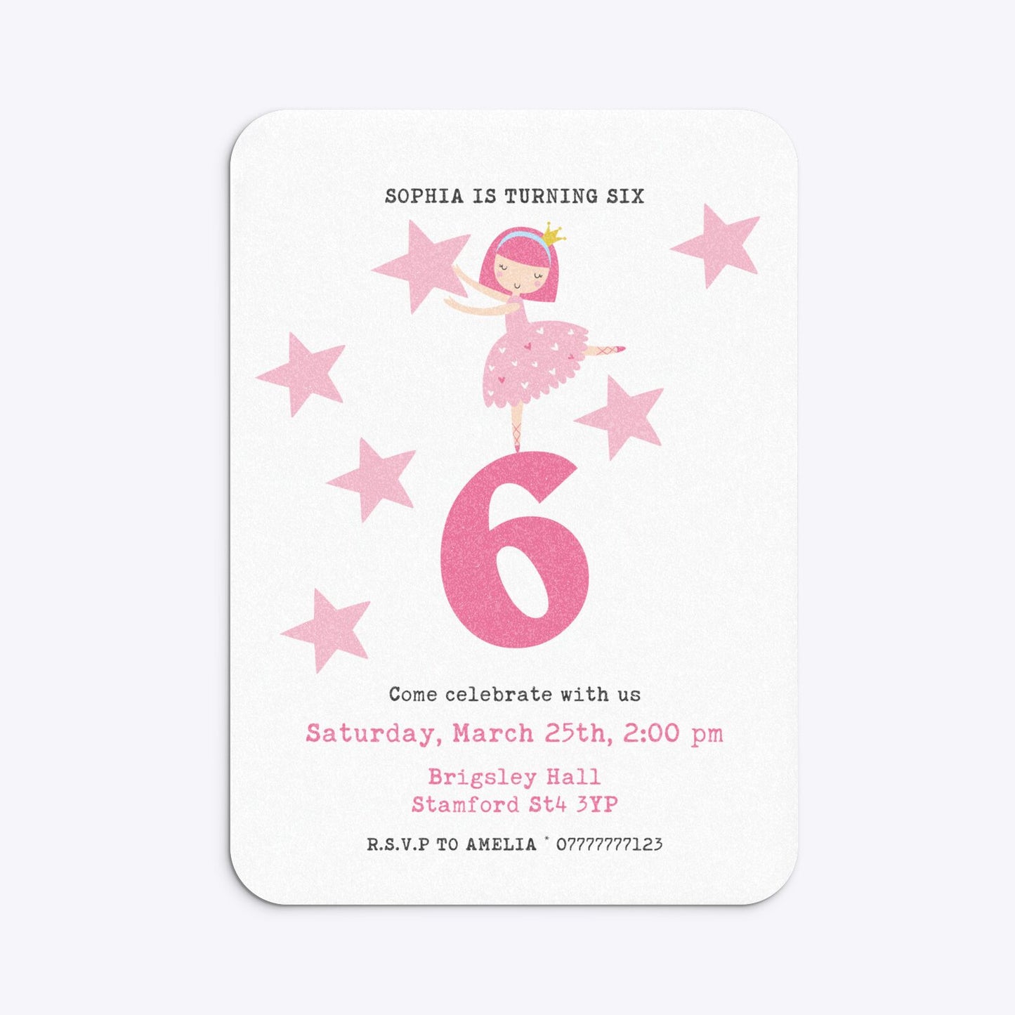 Pink Princess Personalised Birthday Rounded Invitation Glitter