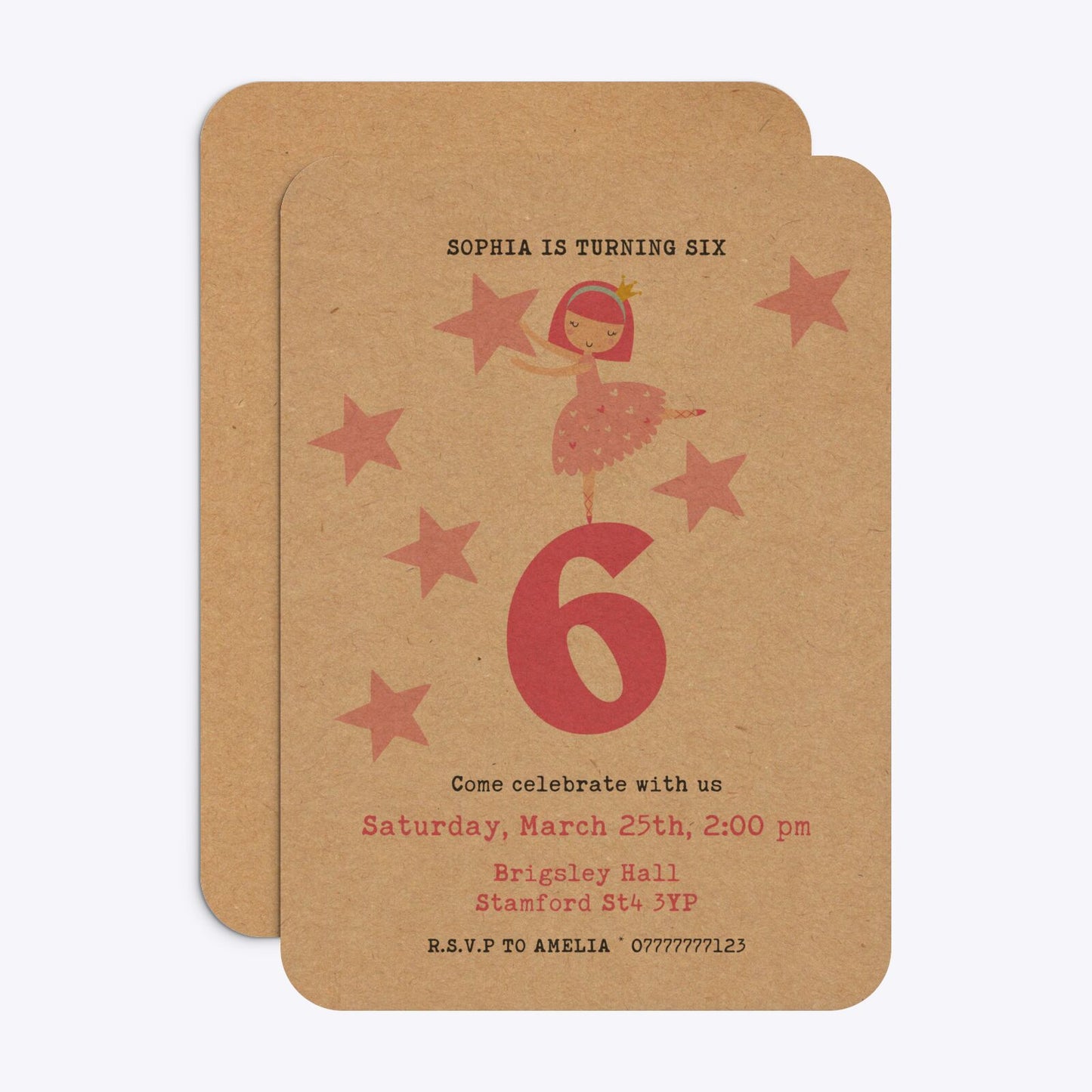 Pink Princess Personalised Birthday Rounded Invitation Kraft Front and Back Image