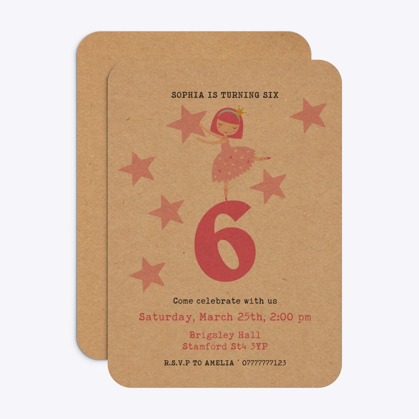 Pink Princess Personalised Birthday Rounded Invitation Kraft Front and Back Image