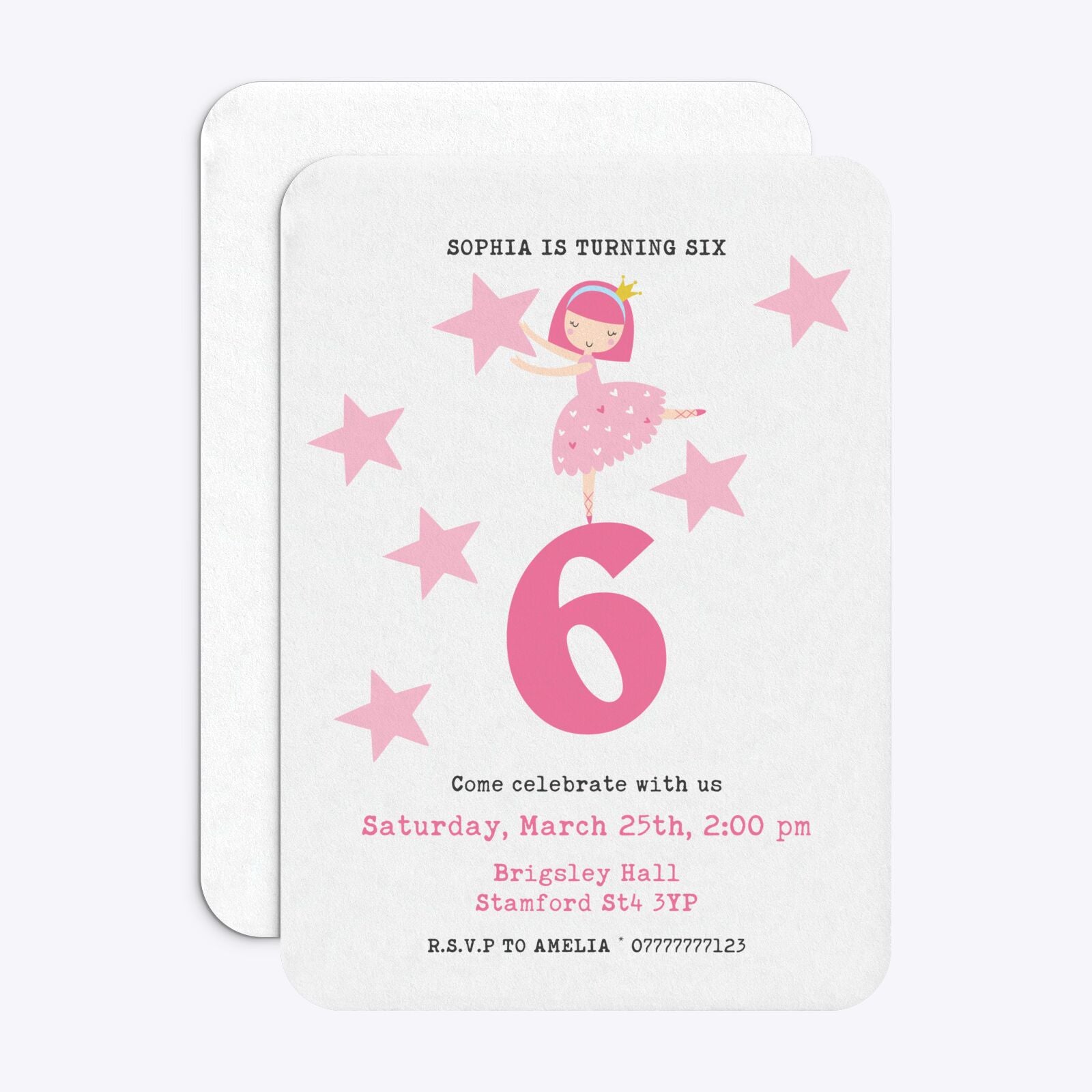 Pink Princess Personalised Birthday Rounded Invitation Matte Paper Front and Back Image