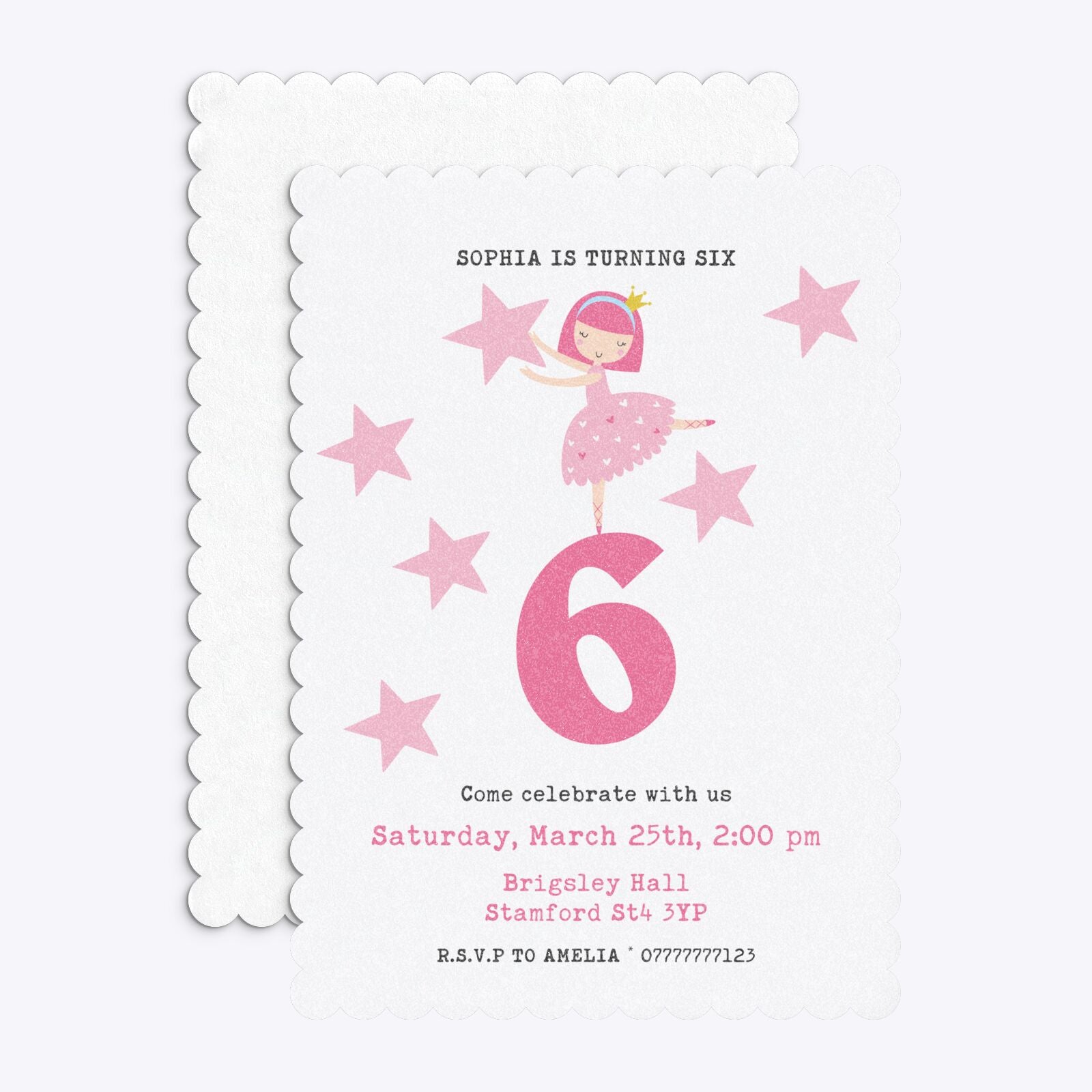 Pink Princess Personalised Birthday Scalloped Invitation Glitter Front and Back Image