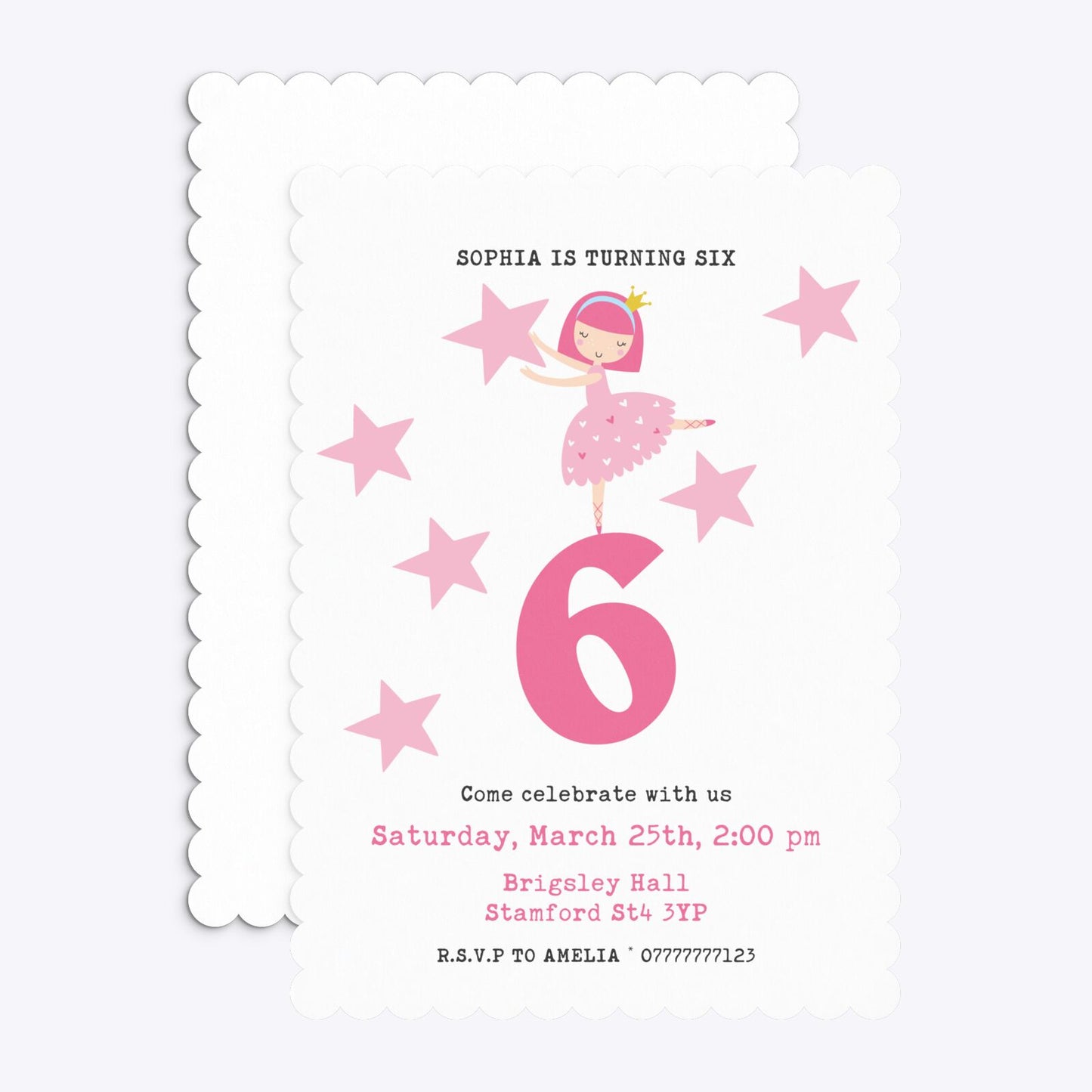 Pink Princess Personalised Birthday Scalloped Invitation Matte Paper Front and Back Image