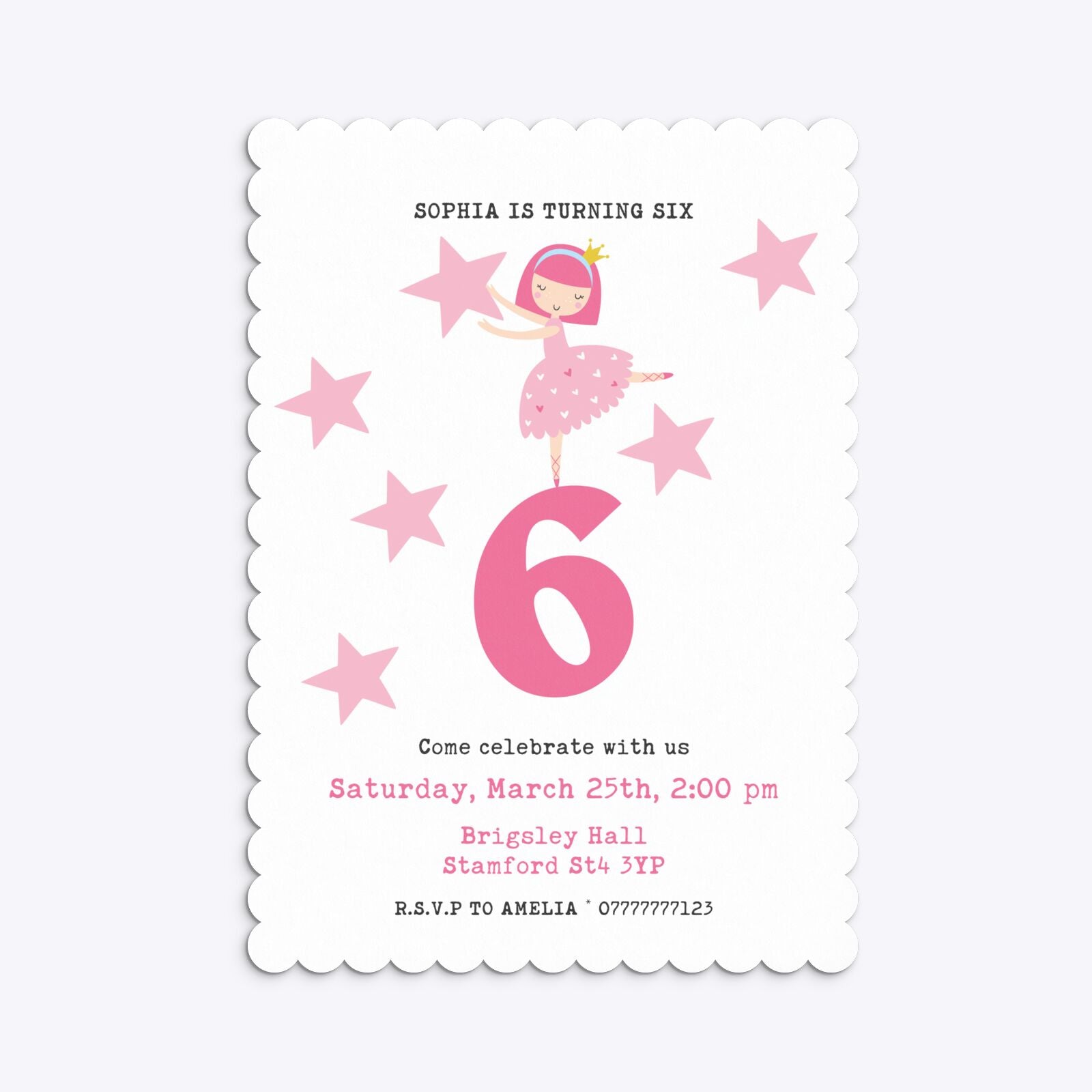 Pink Princess Personalised Birthday Scalloped Invitation Matte Paper