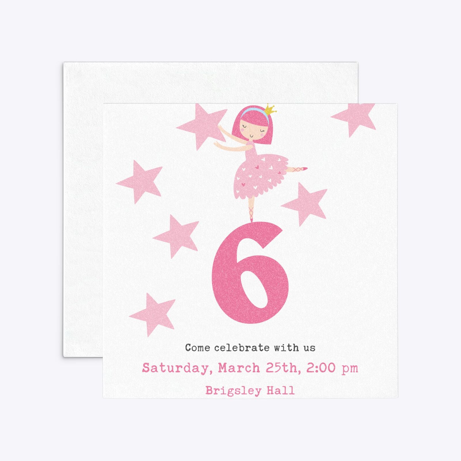 Pink Princess Personalised Birthday Square 5 25x5 25 Invitation Glitter Front and Back Image