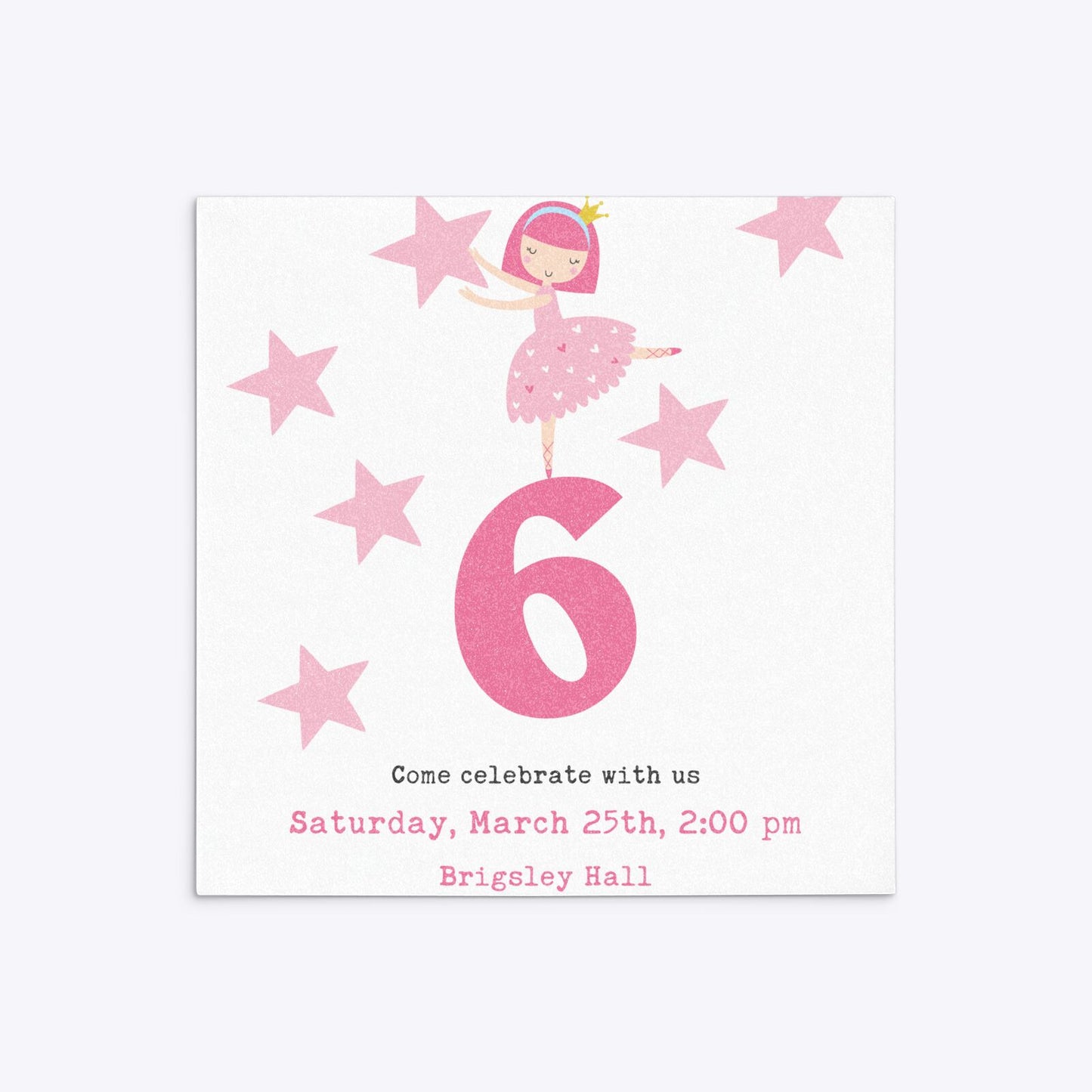 Pink Princess Personalised Birthday Square 5 25x5 25 Invitation Glitter