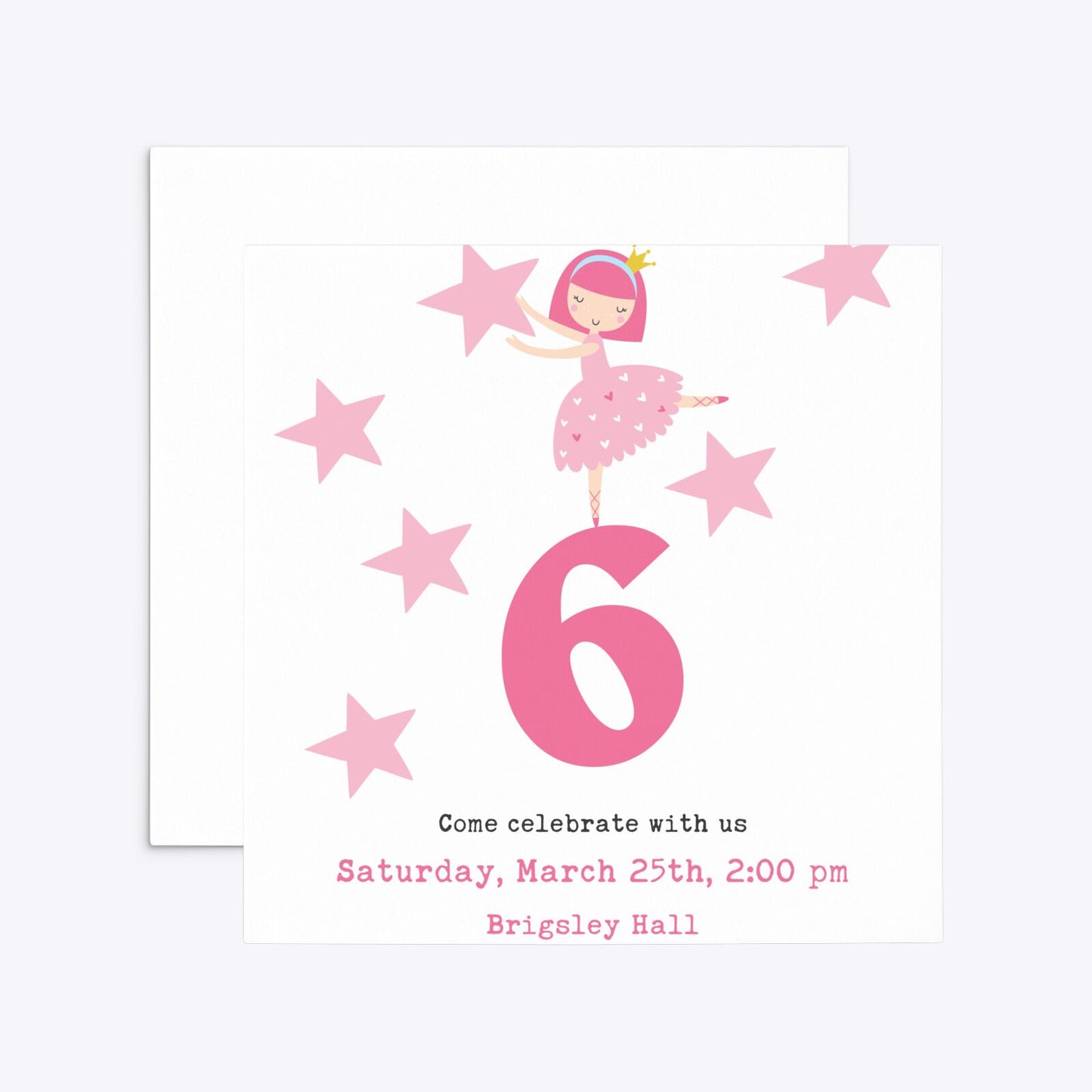 Pink Princess Personalised Birthday Square 5 25x5 25 Invitation Matte Paper Front and Back Image