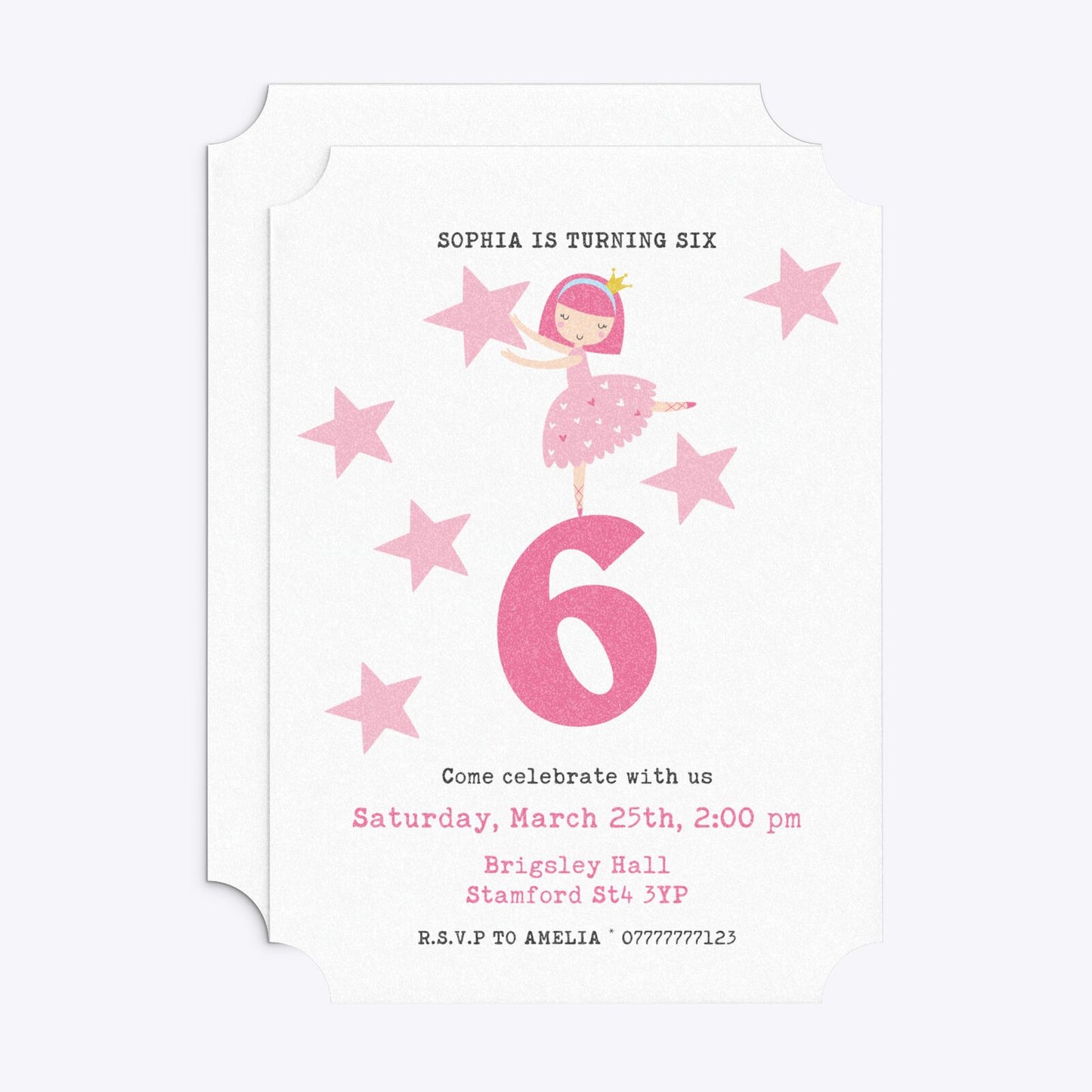 Pink Princess Personalised Birthday Ticket Invitation Glitter Front and Back Image