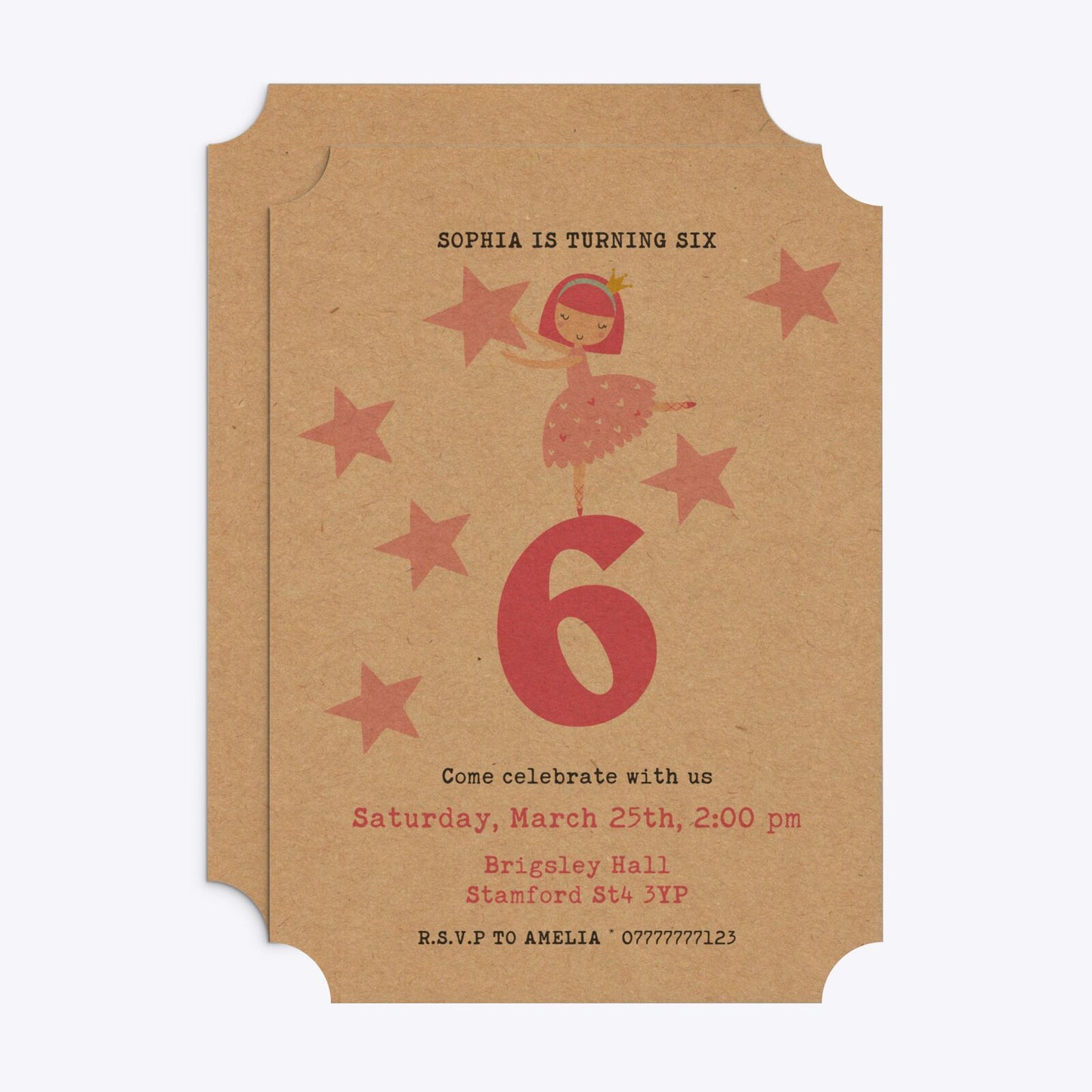 Pink Princess Personalised Birthday Ticket Invitation Kraft Front and Back Image