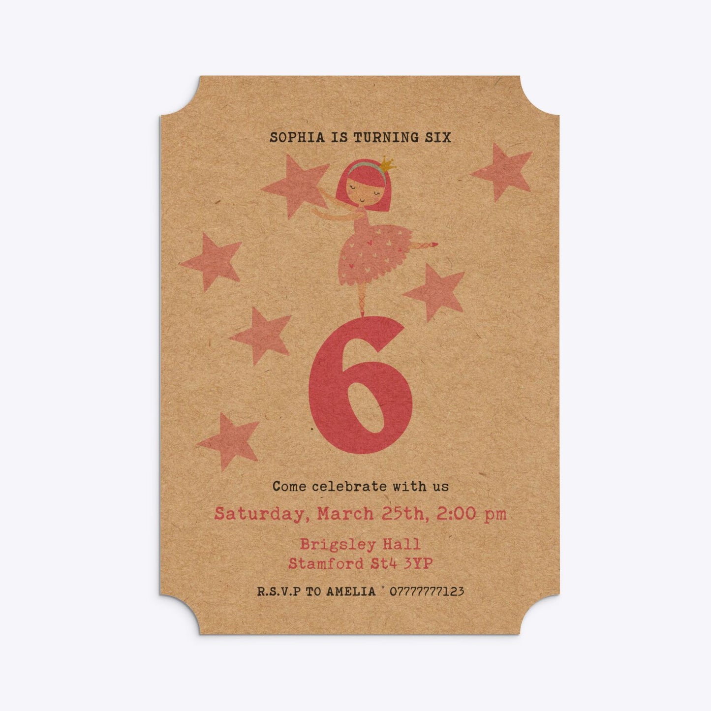 Pink Princess Personalised Birthday Ticket Invitation Kraft