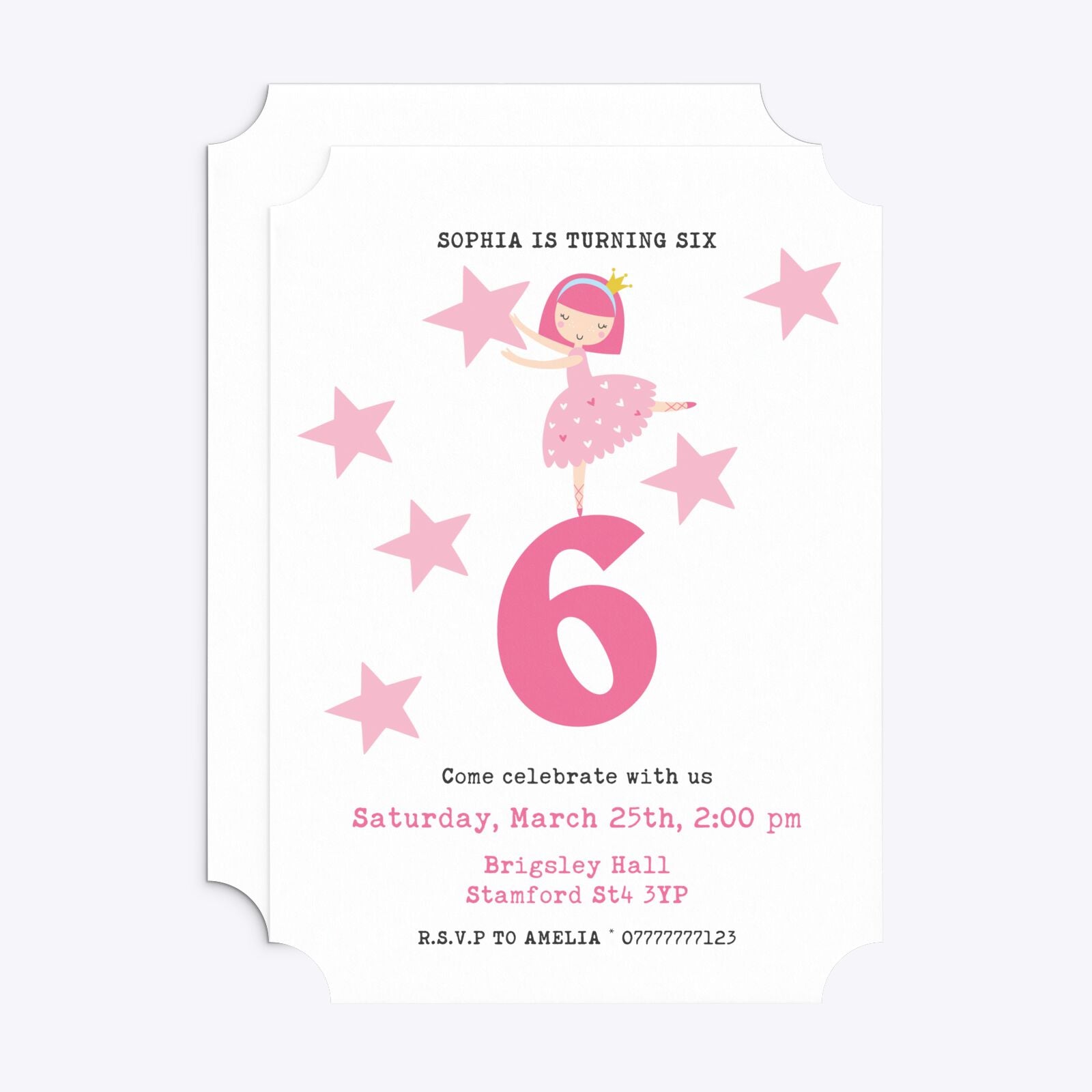 Pink Princess Personalised Birthday Ticket Invitation Matte Paper Front and Back Image