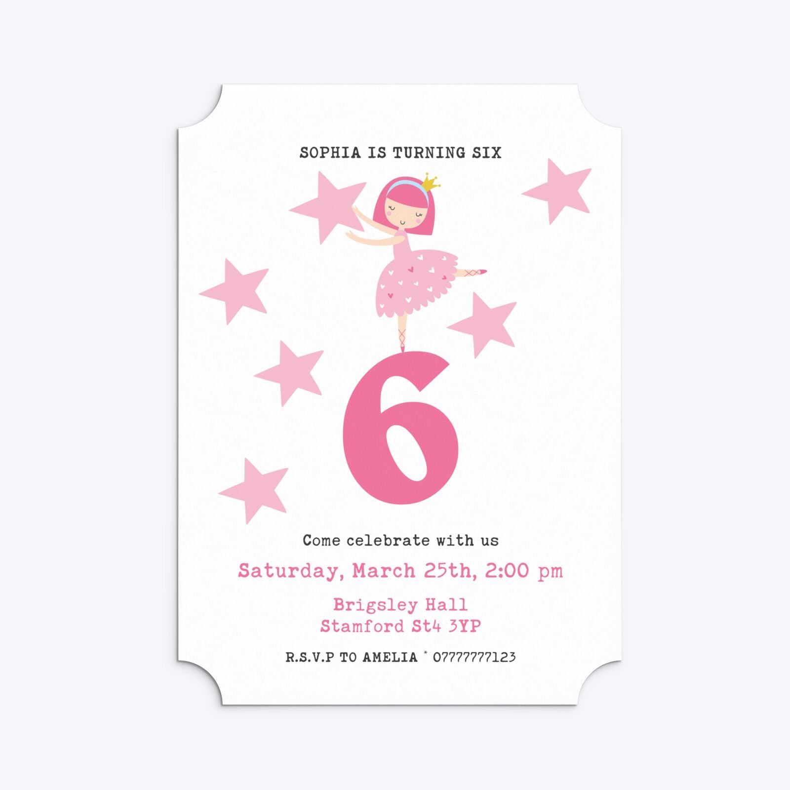 Pink Princess Personalised Birthday Ticket Invitation Matte Paper