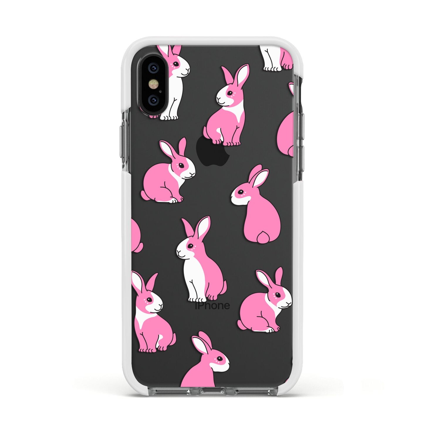 Pink Rabbits Apple iPhone Xs Impact Case White Edge on Black Phone