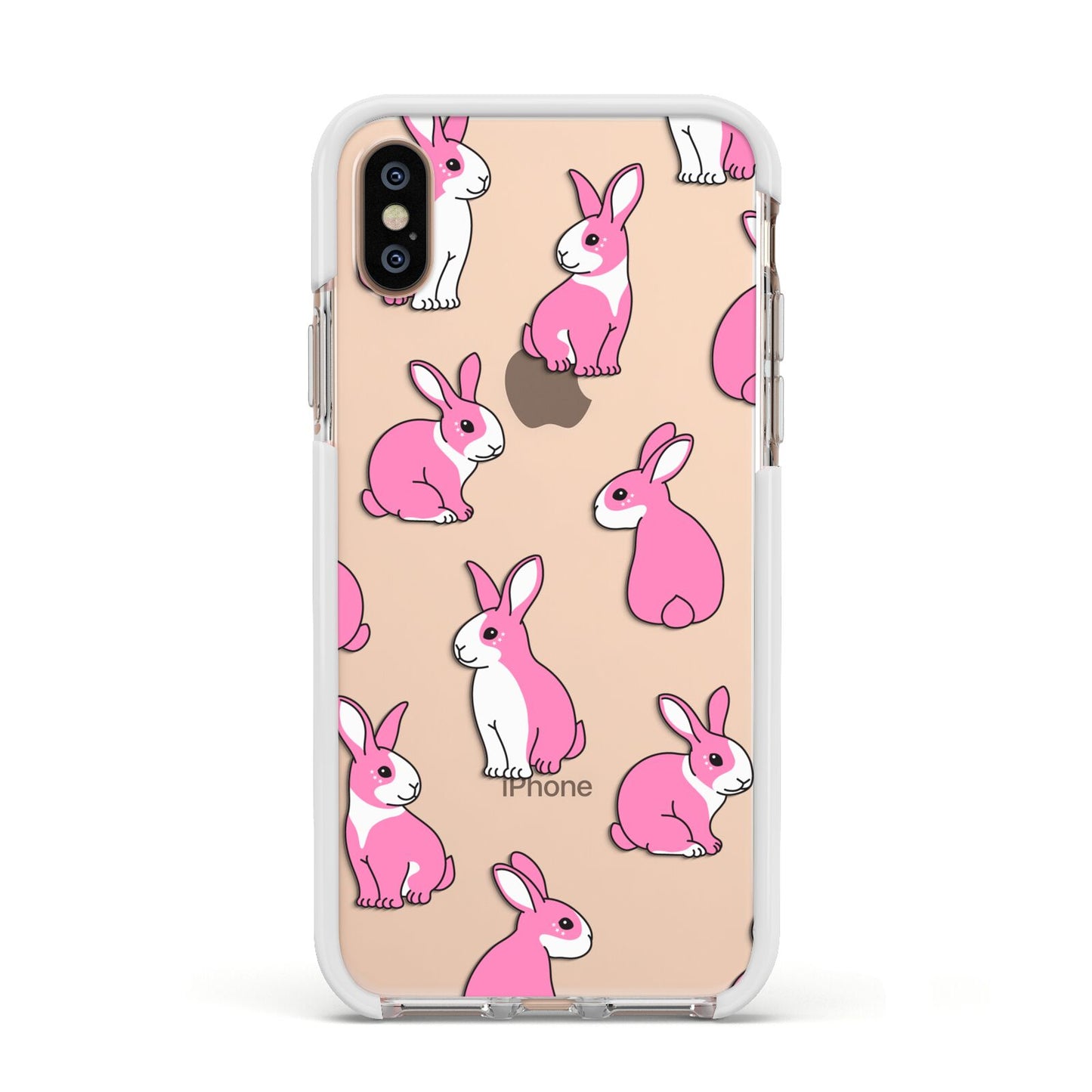 Pink Rabbits Apple iPhone Xs Impact Case White Edge on Gold Phone