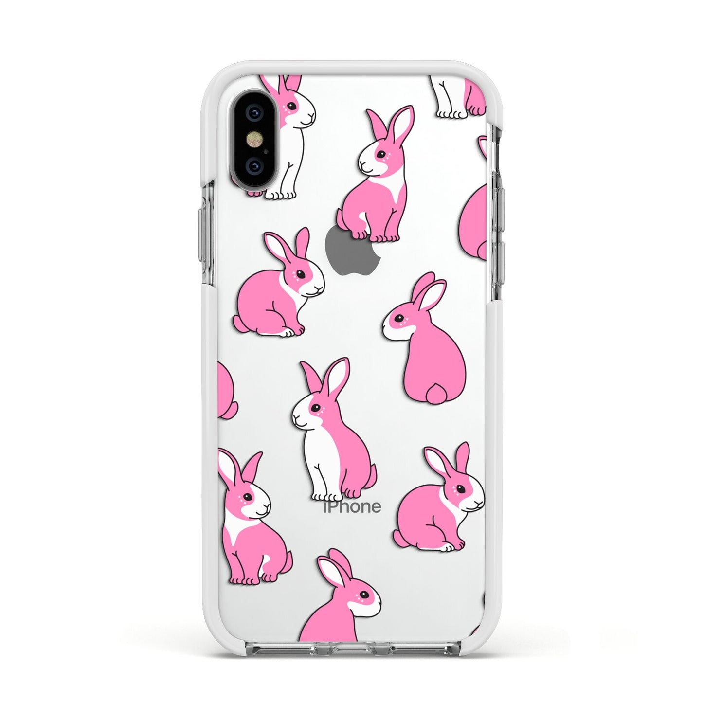 Pink Rabbits Apple iPhone Xs Impact Case White Edge on Silver Phone