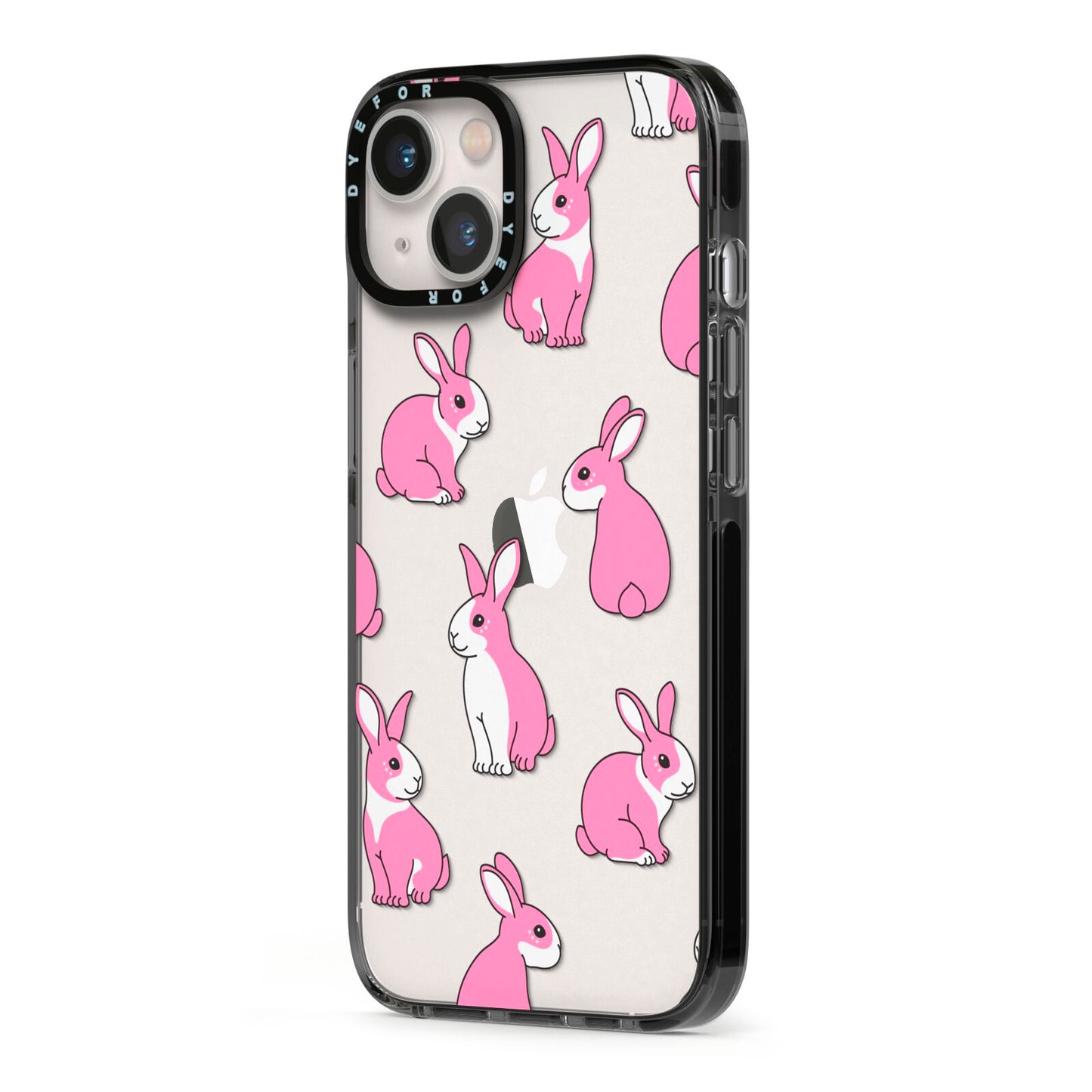 Pink Rabbits iPhone 13 Black Impact Case Side Angle on Silver phone