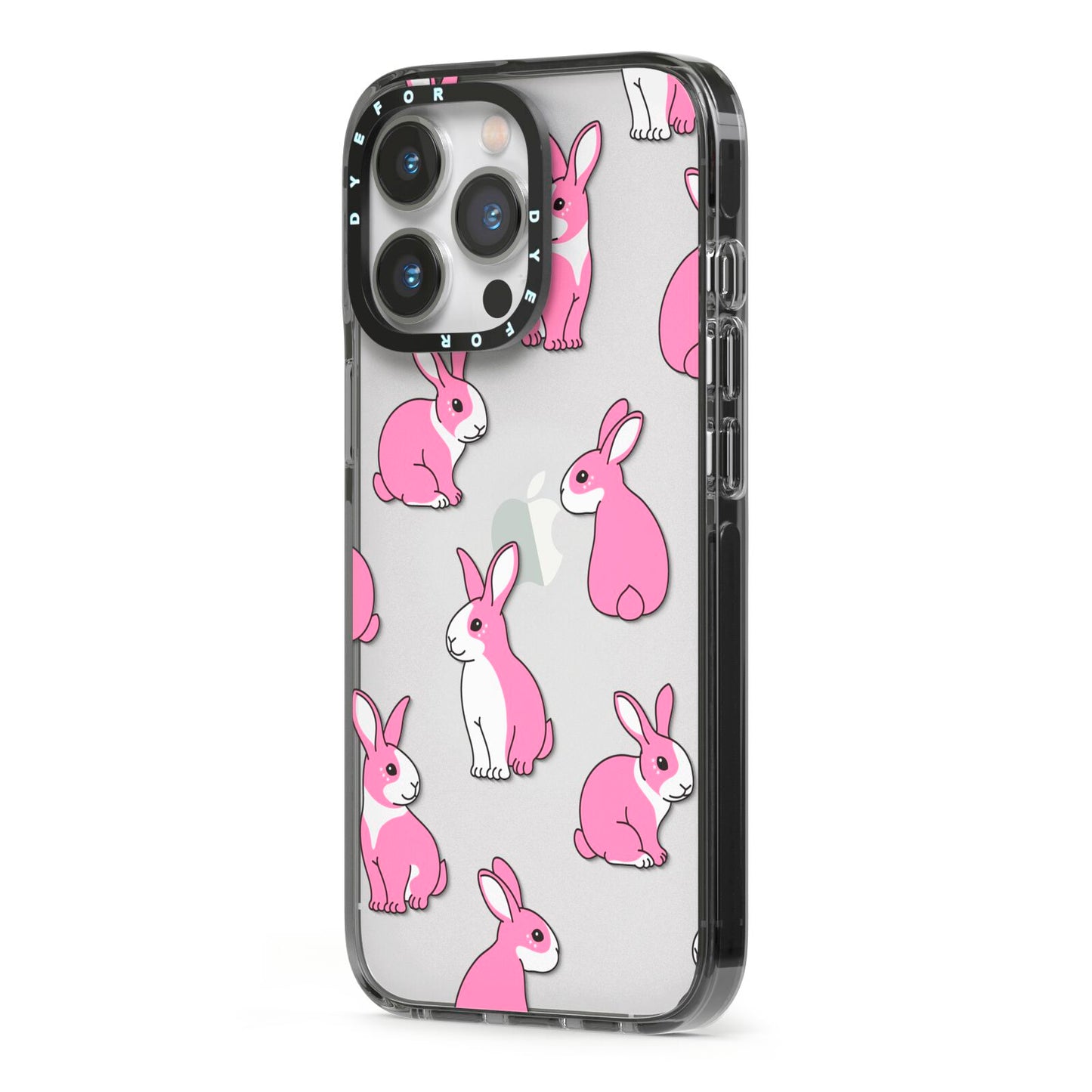 Pink Rabbits iPhone 13 Pro Black Impact Case Side Angle on Silver phone