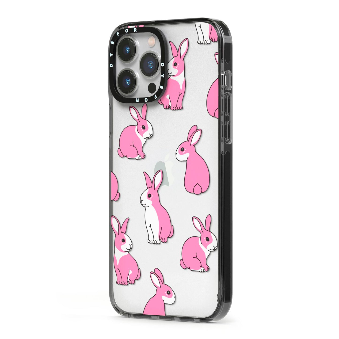 Pink Rabbits iPhone 13 Pro Max Black Impact Case Side Angle on Silver phone