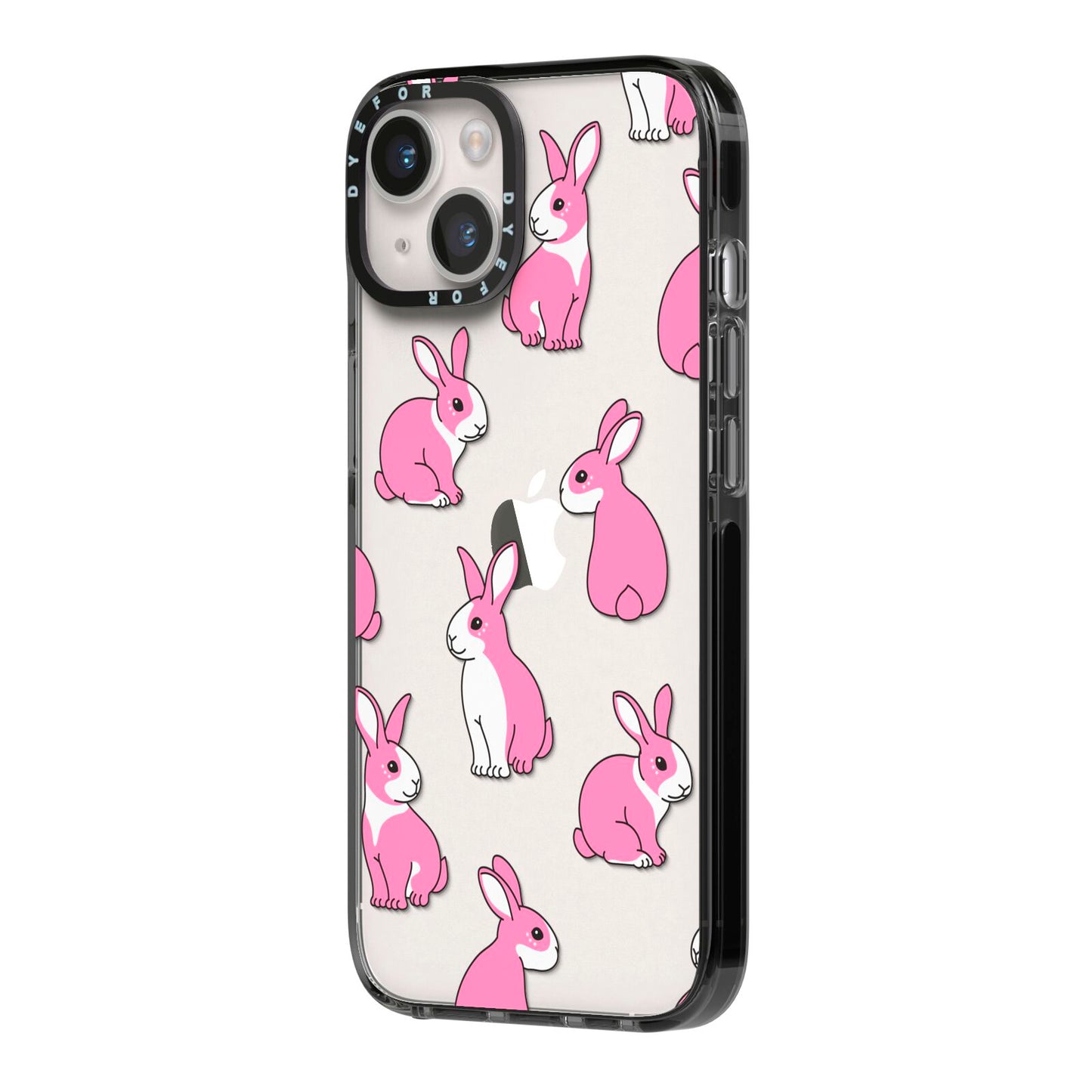 Pink Rabbits iPhone 14 Black Impact Case Side Angle on Silver phone