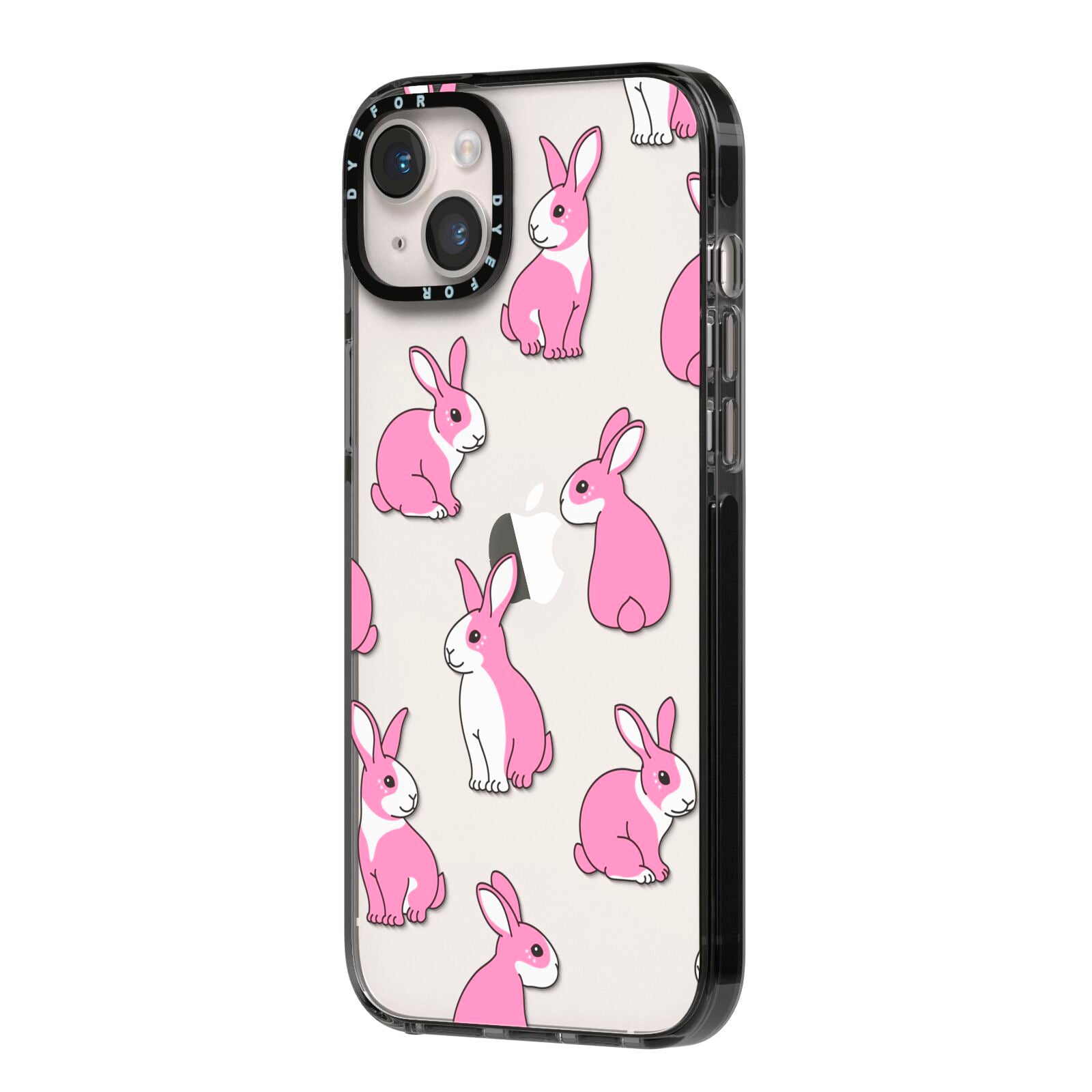 Pink Rabbits iPhone 14 Plus Black Impact Case Side Angle on Silver phone