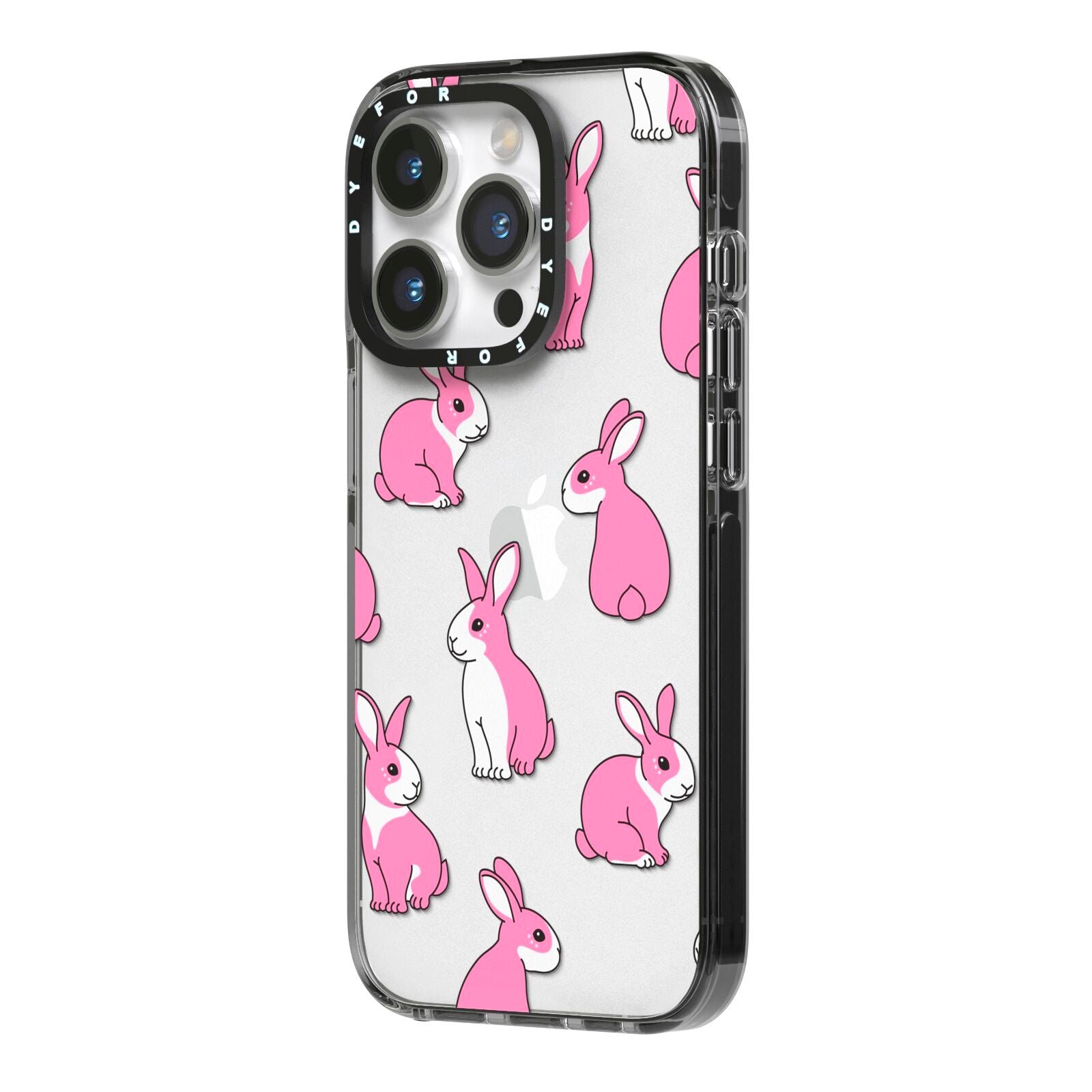 Pink Rabbits iPhone 14 Pro Black Impact Case Side Angle on Silver phone