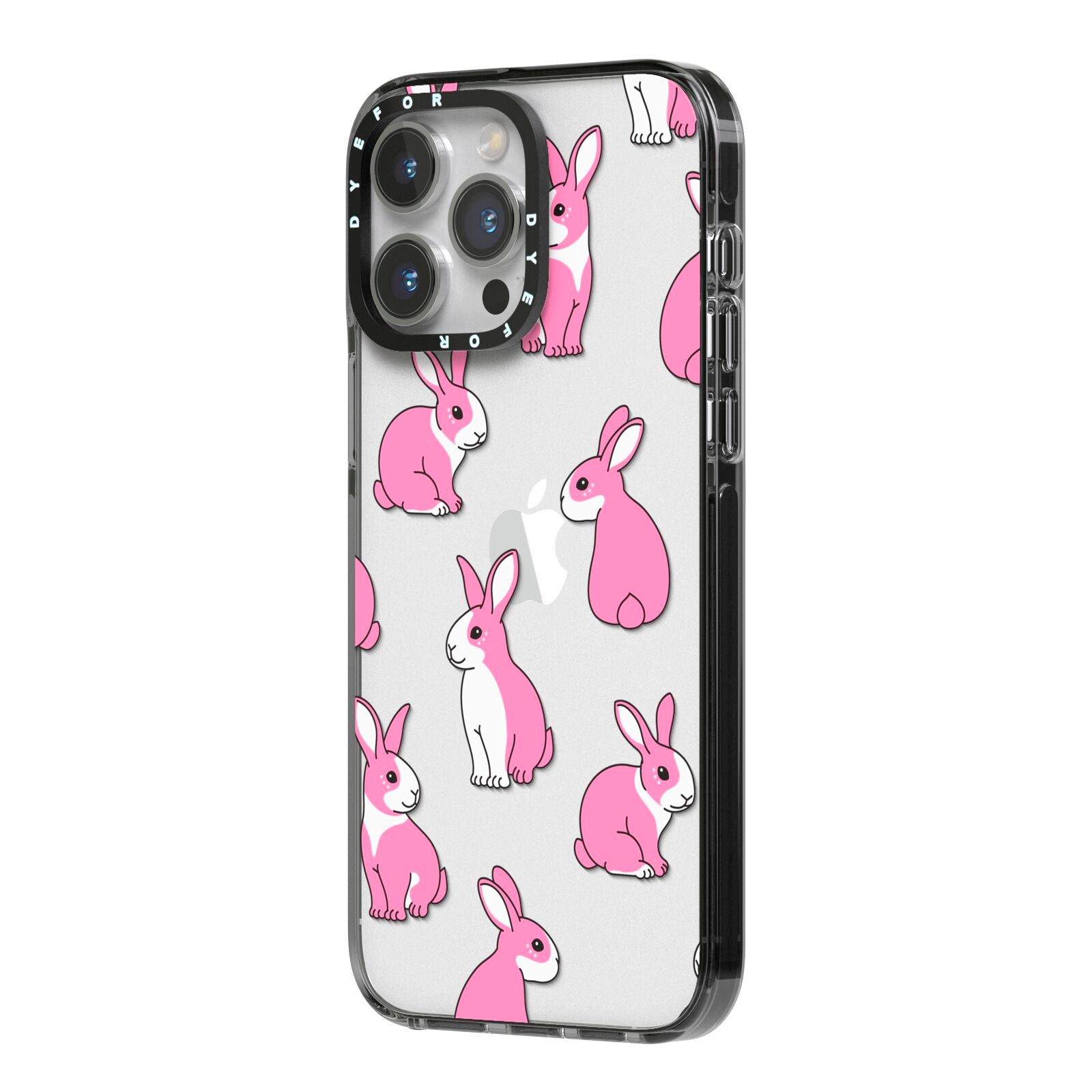 Pink Rabbits iPhone 14 Pro Max Black Impact Case Side Angle on Silver phone