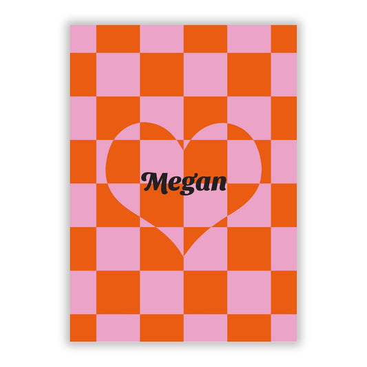 Pink Red Checkered Heart Custom A5 Flat Greetings Card