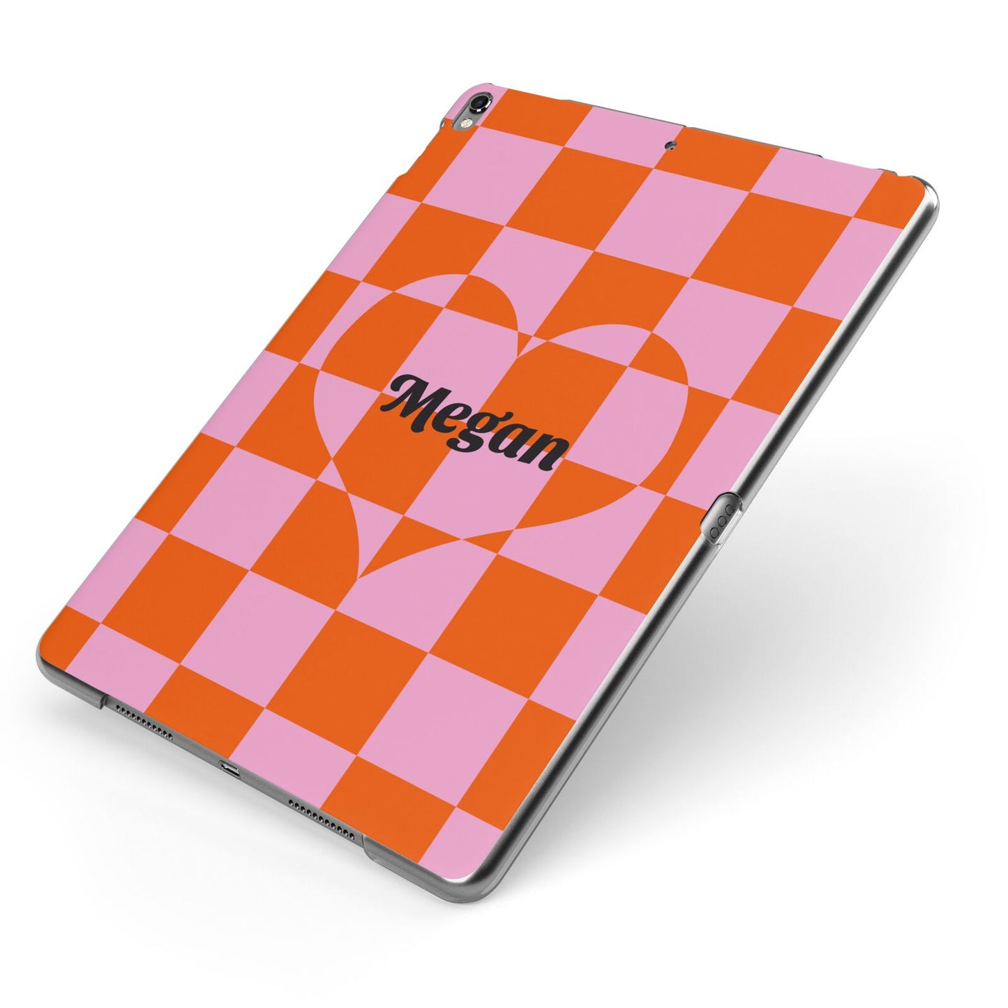 Pink Red Checkered Heart Custom Apple iPad Case on Grey iPad Side View