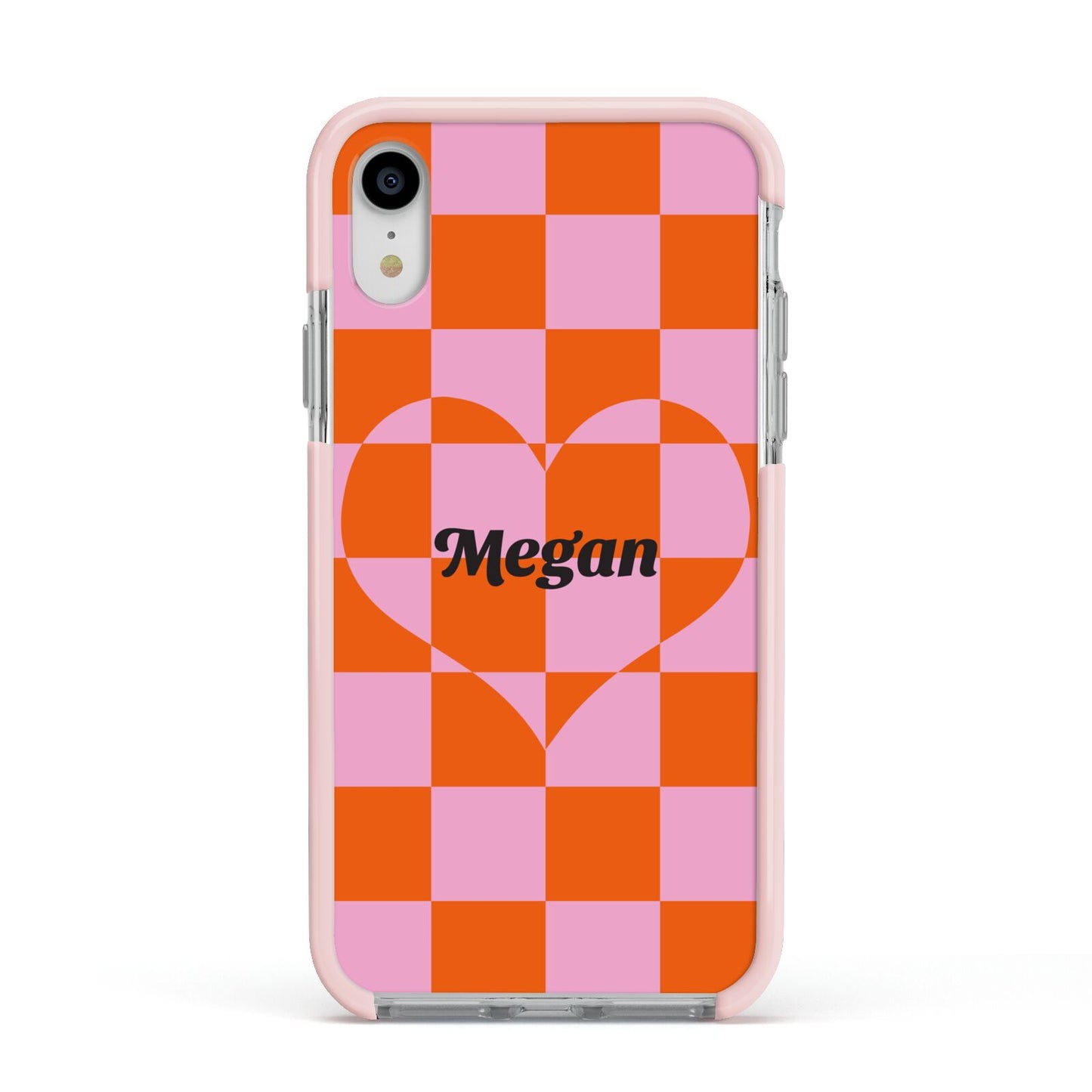 Pink Red Checkered Heart Custom Apple iPhone XR Impact Case Pink Edge on Silver Phone