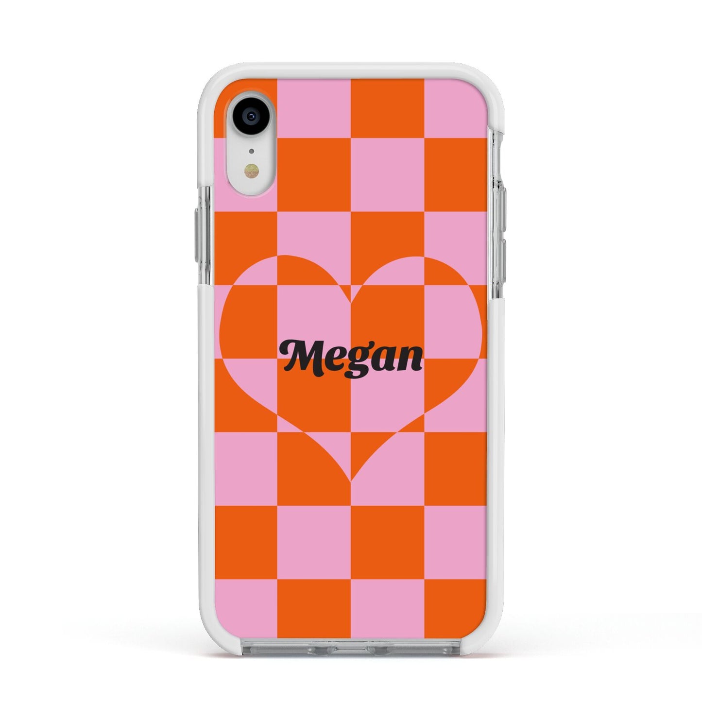 Pink Red Checkered Heart Custom Apple iPhone XR Impact Case White Edge on Silver Phone