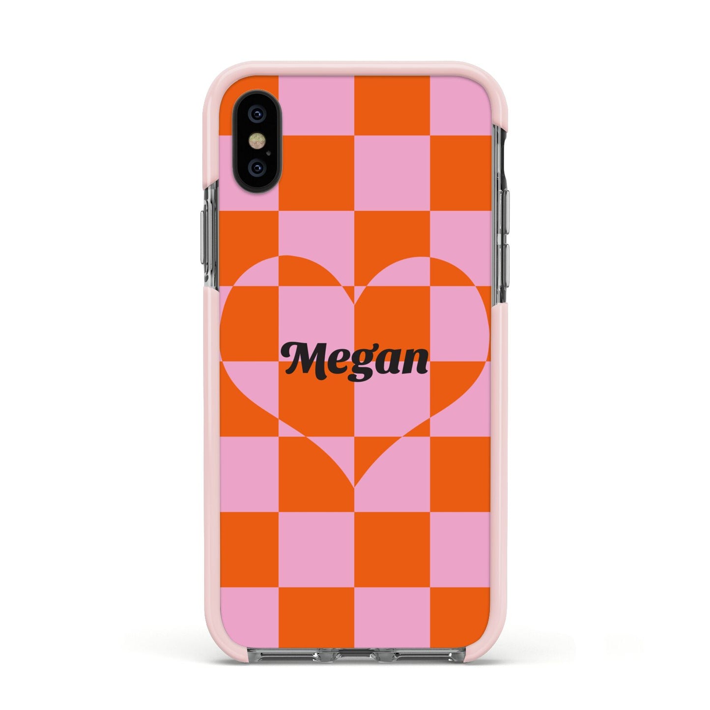 Pink Red Checkered Heart Custom Apple iPhone Xs Impact Case Pink Edge on Black Phone