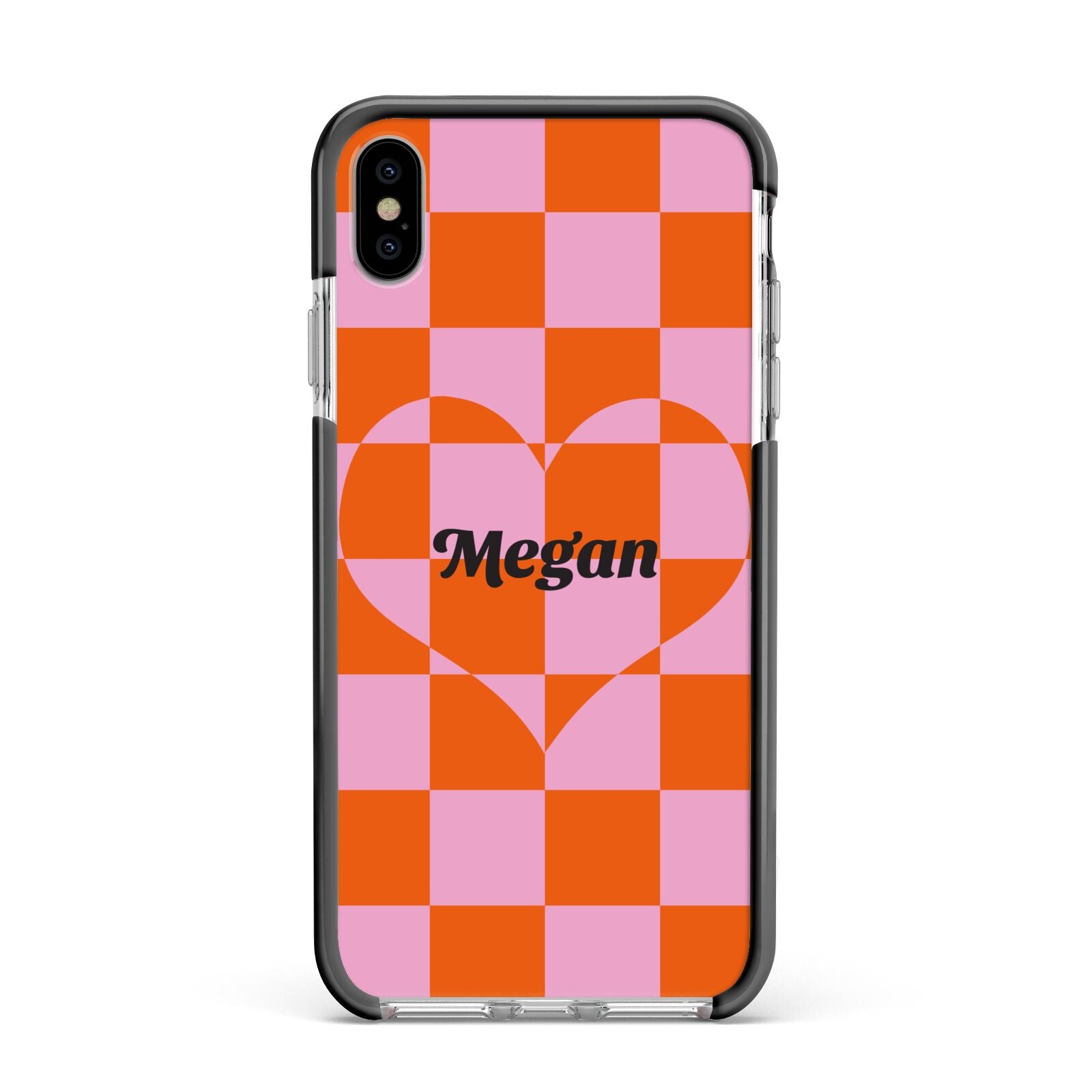 Pink Red Checkered Heart Custom Apple iPhone Xs Max Impact Case Black Edge on Silver Phone