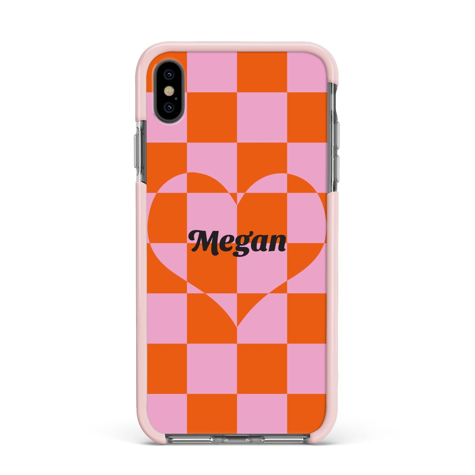 Pink Red Checkered Heart Custom Apple iPhone Xs Max Impact Case Pink Edge on Black Phone