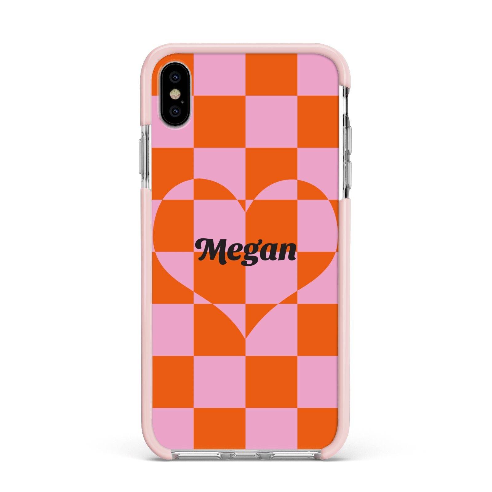 Pink Red Checkered Heart Custom Apple iPhone Xs Max Impact Case Pink Edge on Silver Phone