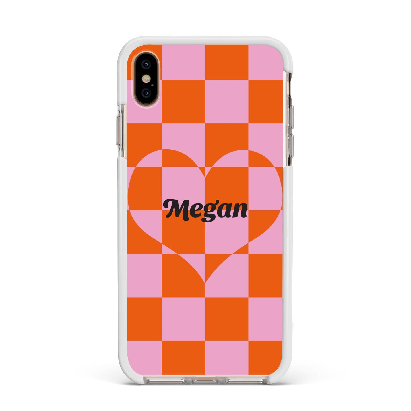 Pink Red Checkered Heart Custom Apple iPhone Xs Max Impact Case White Edge on Gold Phone