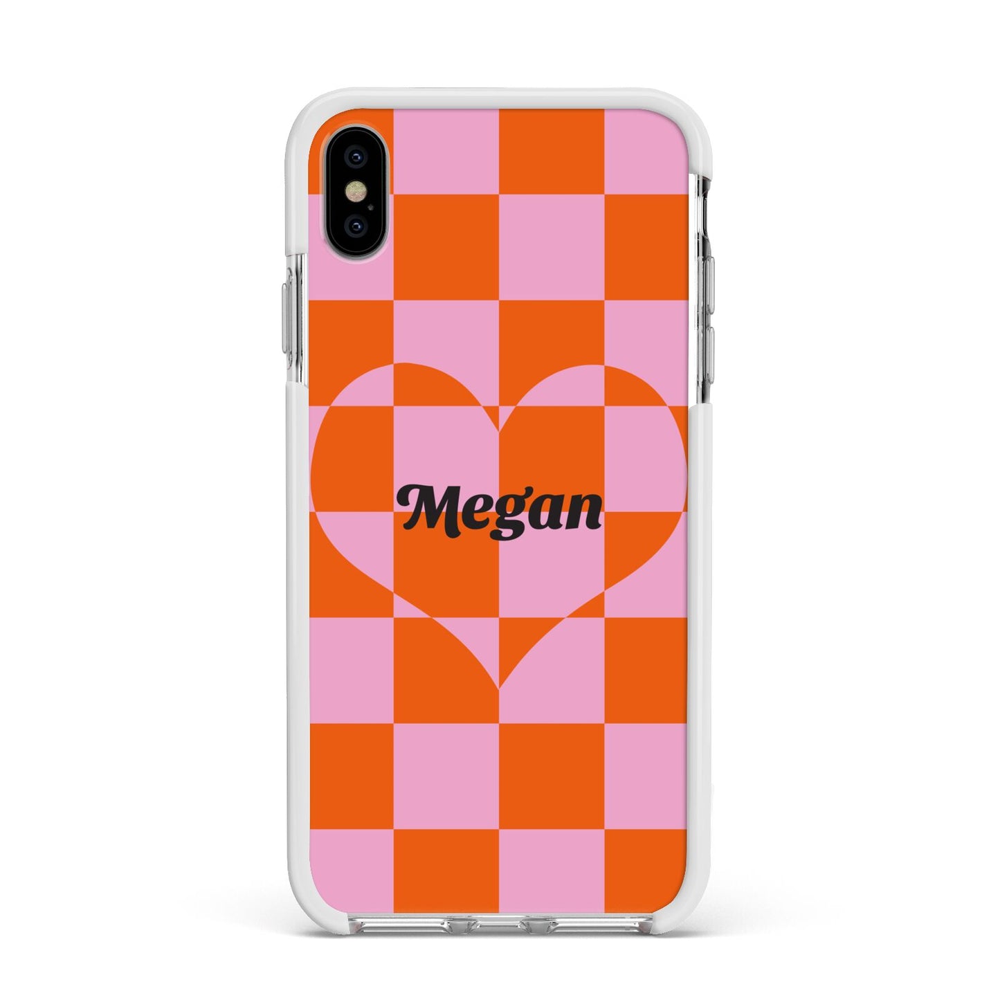 Pink Red Checkered Heart Custom Apple iPhone Xs Max Impact Case White Edge on Silver Phone