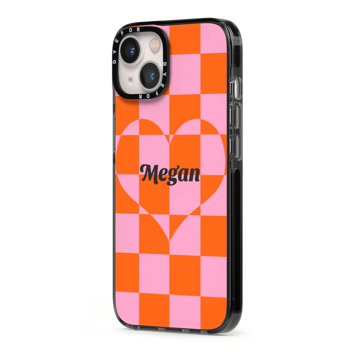 Pink Red Checkered Heart Custom iPhone 13 Black Impact Case Side Angle on Silver phone