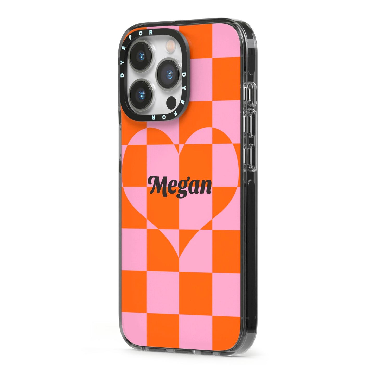 Pink Red Checkered Heart Custom iPhone 13 Pro Black Impact Case Side Angle on Silver phone