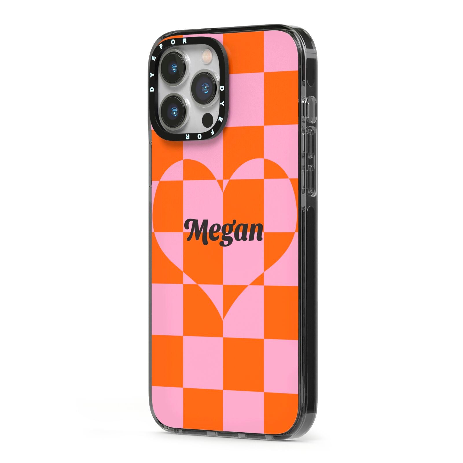 Pink Red Checkered Heart Custom iPhone 13 Pro Max Black Impact Case Side Angle on Silver phone