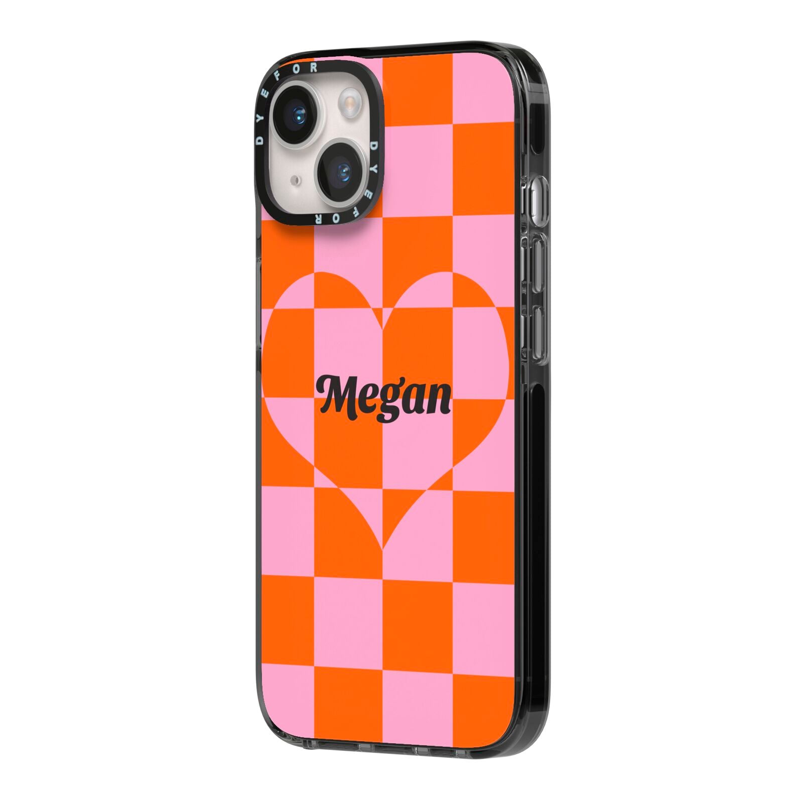 Pink Red Checkered Heart Custom iPhone 14 Black Impact Case Side Angle on Silver phone