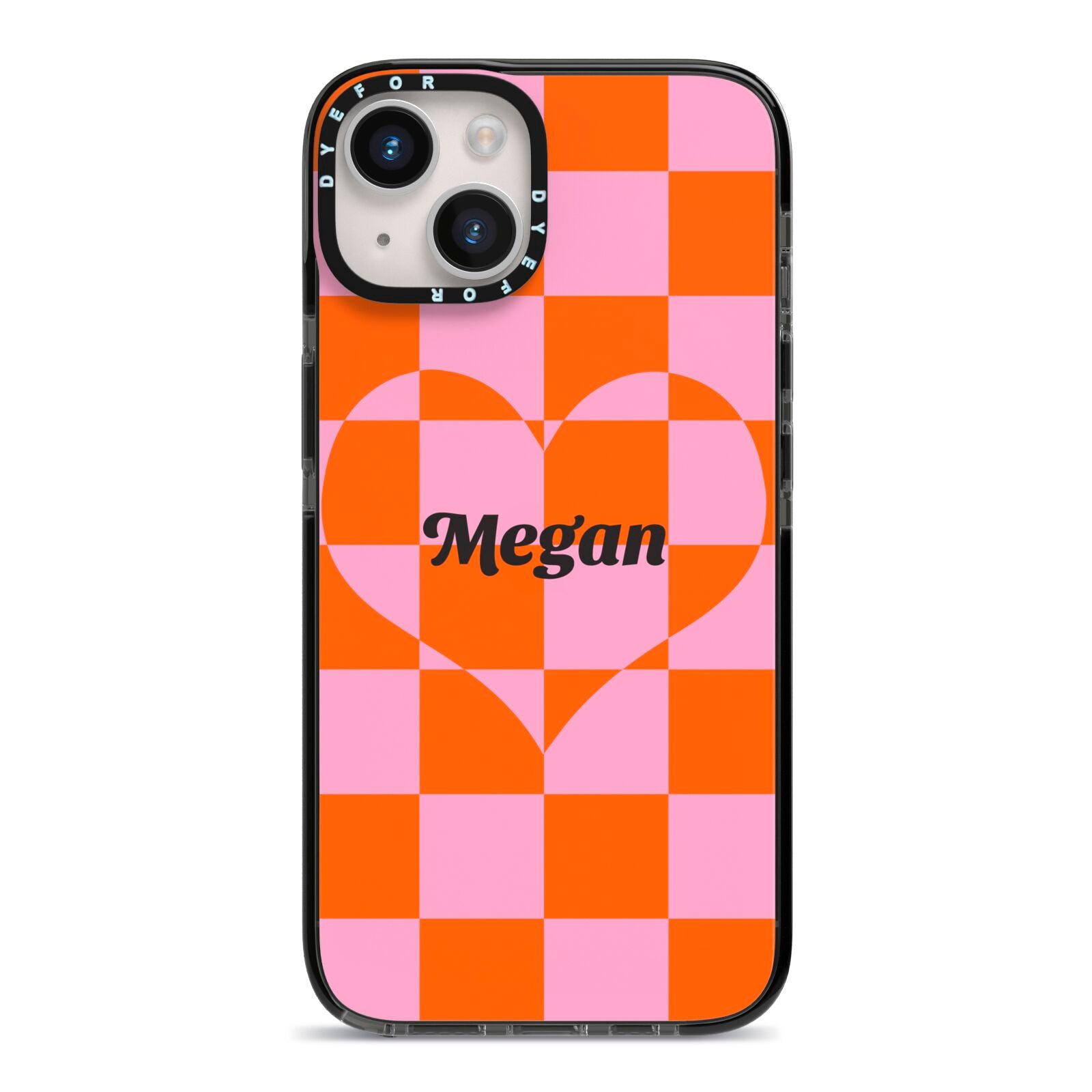 Pink Red Checkered Heart Custom iPhone 14 Black Impact Case on Silver phone