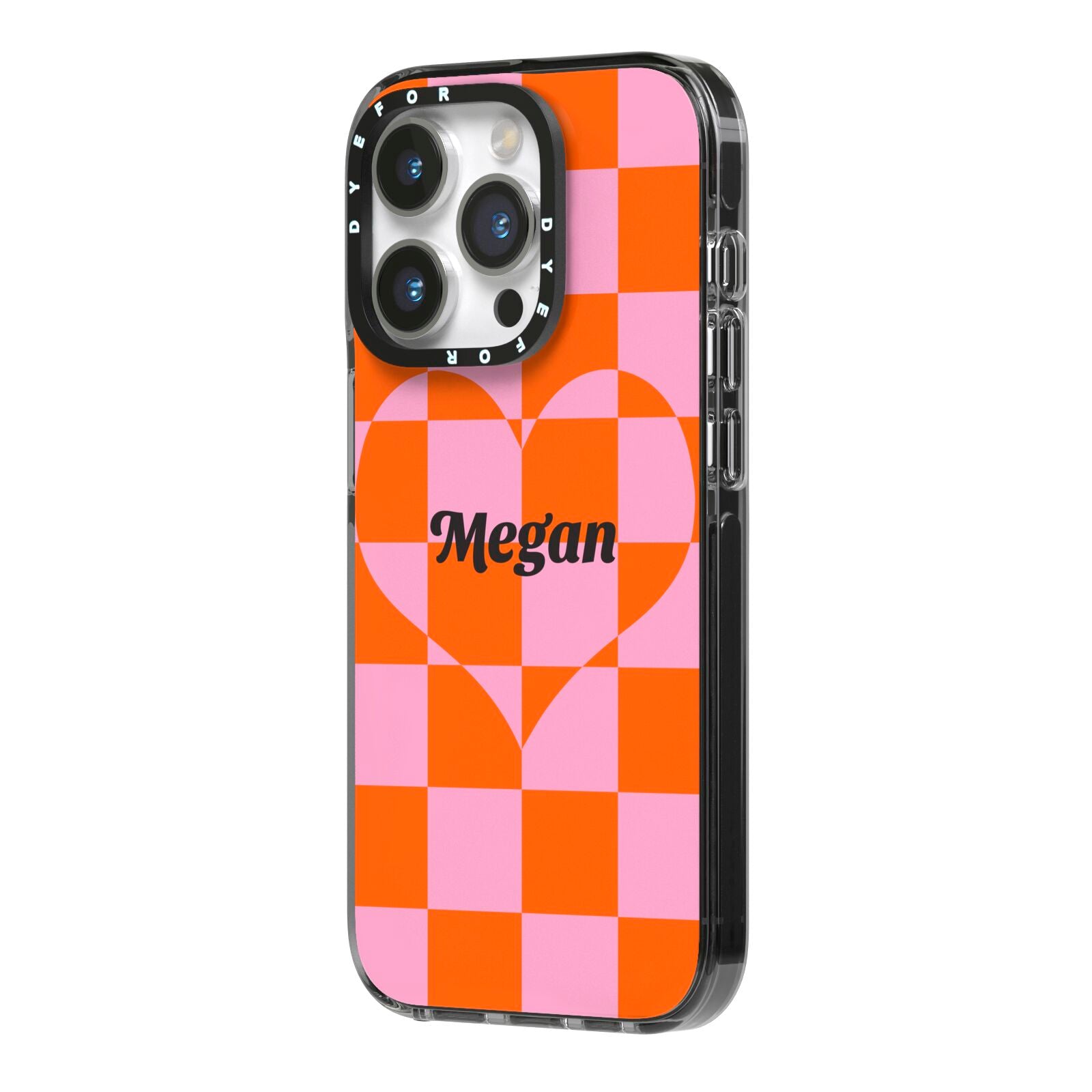 Pink Red Checkered Heart Custom iPhone 14 Pro Black Impact Case Side Angle on Silver phone