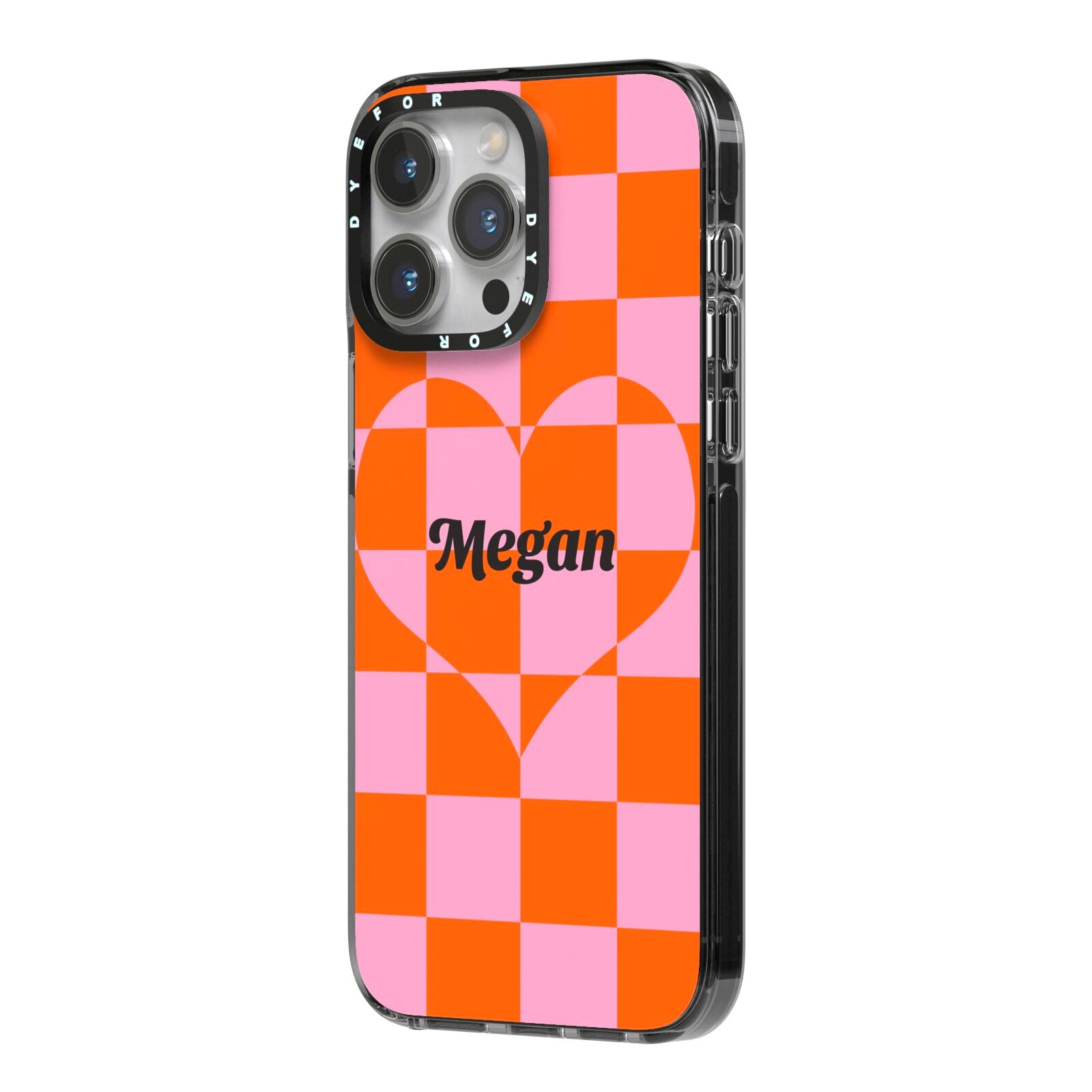 Pink Red Checkered Heart Custom iPhone 14 Pro Max Black Impact Case Side Angle on Silver phone